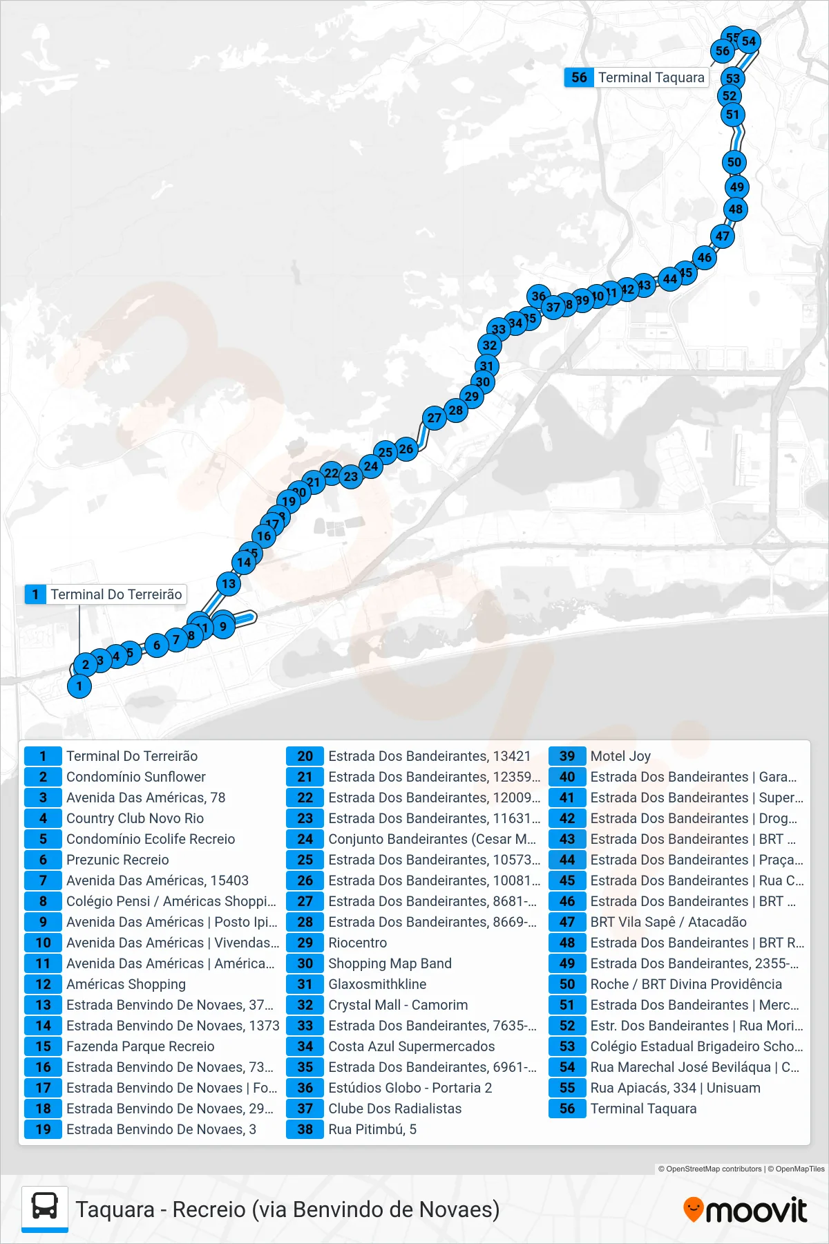 954 bus Line (Taquara) route and stops on a map