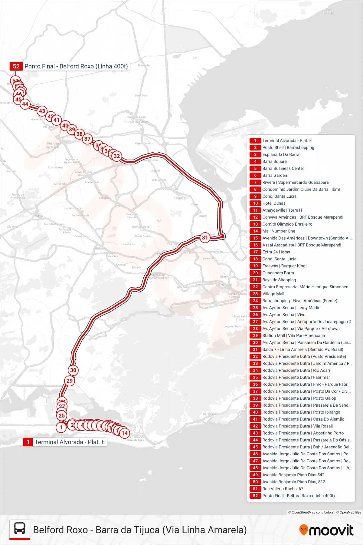 Rota e paradas da linha de ônibus  400T  (Belford Roxo) no mapa