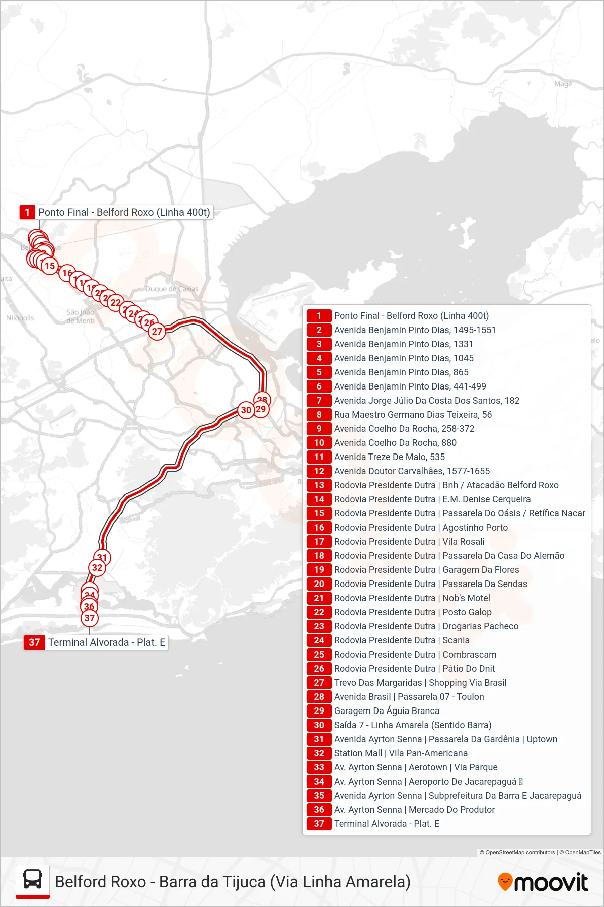 400T bus Line (Barra Da Tijuca) route and stops on a map