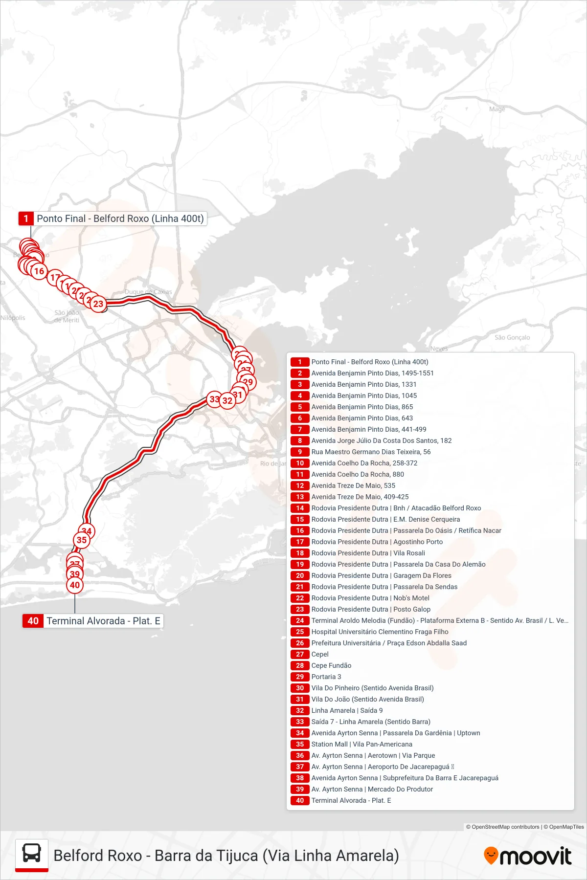 400T bus Line (Barra Da Tijuca (Via Fundão)) route and stops on a map