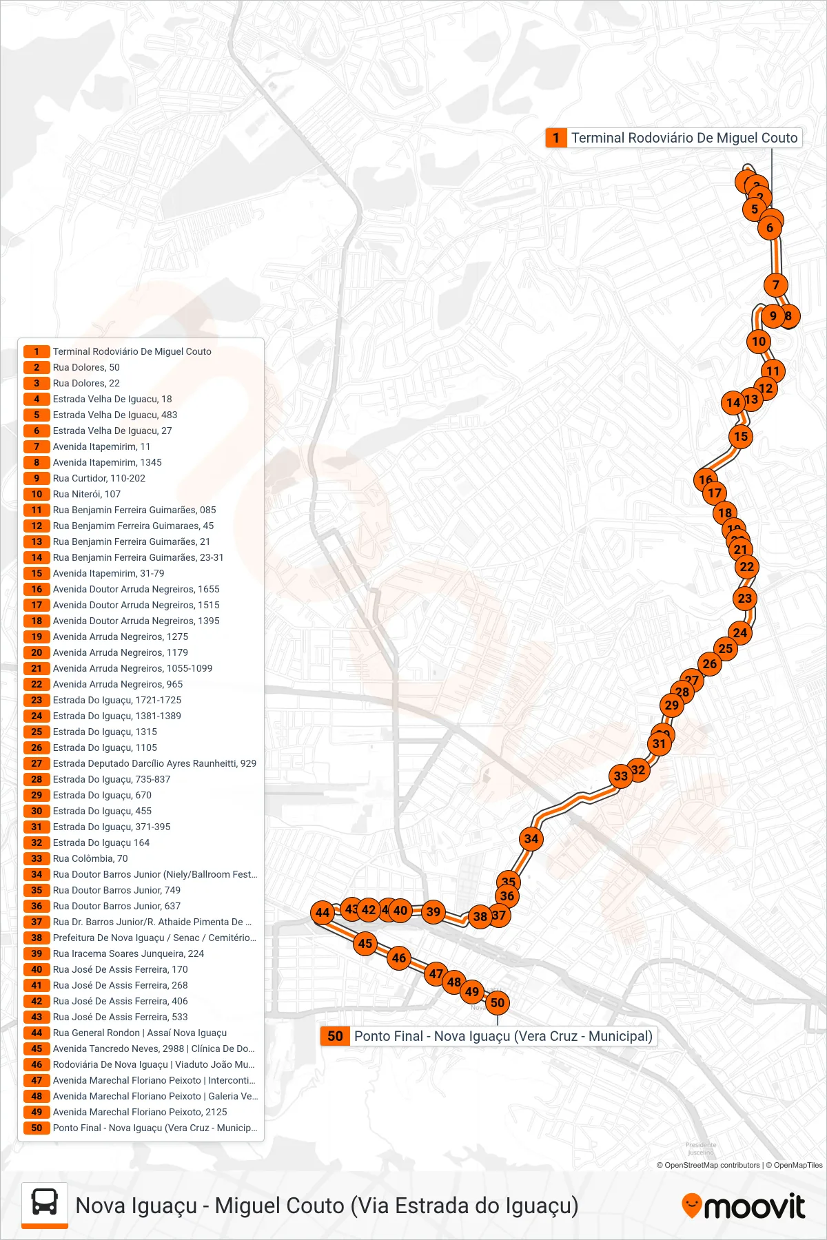 626 bus Line (Nova Iguaçu) route and stops on a map