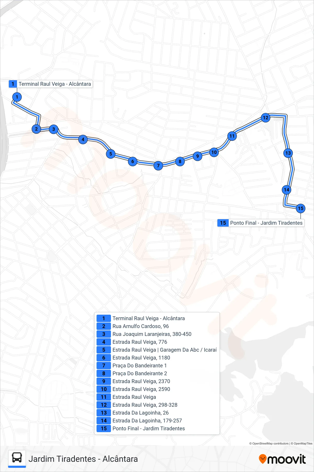 Rota e paradas da linha de ônibus 25 (Jardim Tiradentes) no mapa