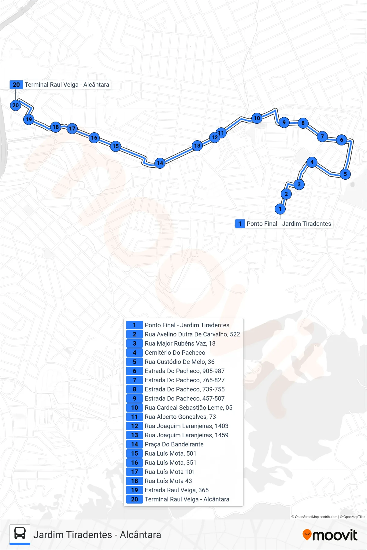 Rota e paradas da linha de ônibus 25 (Alcântara) no mapa