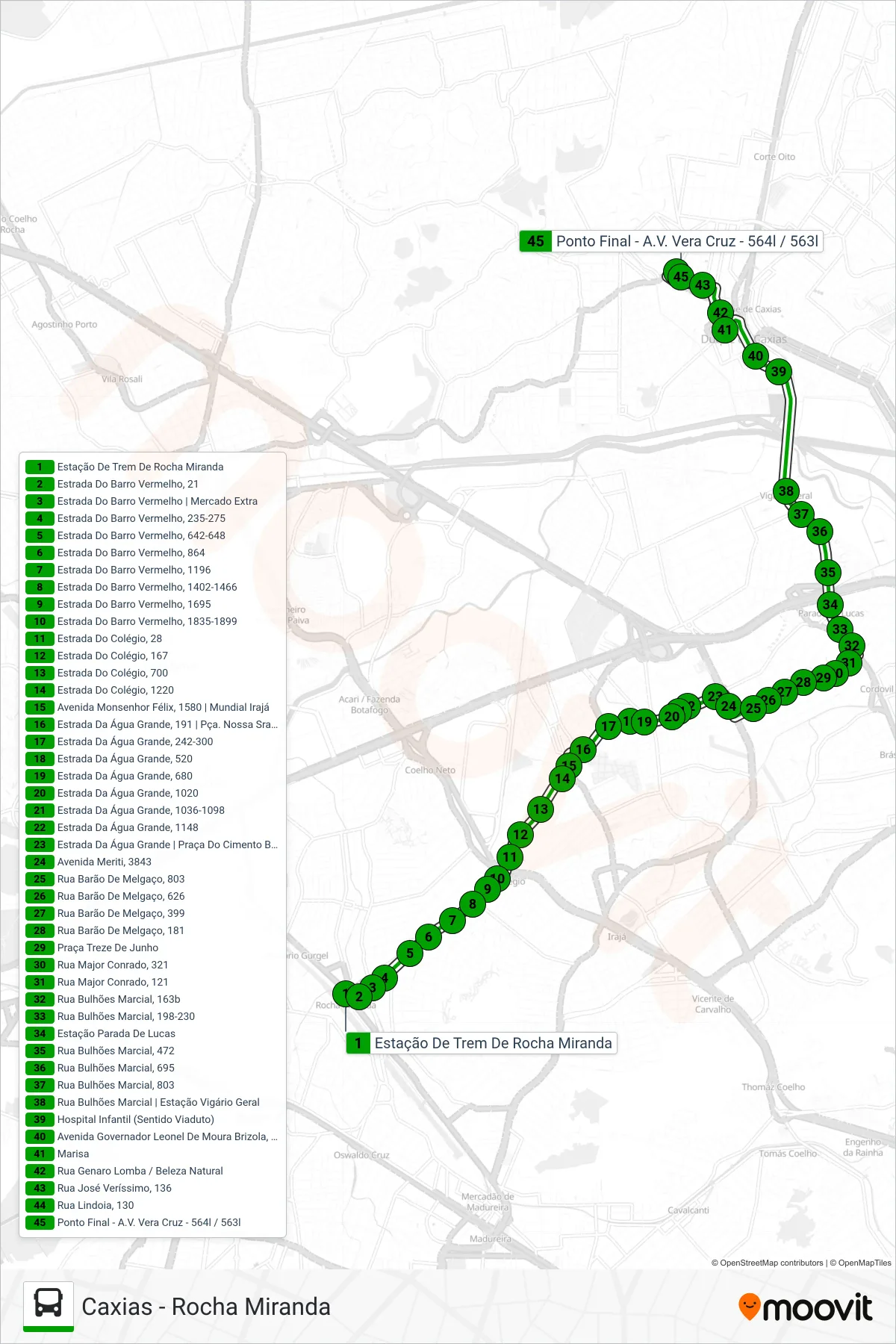 Rota e paradas da linha de ônibus 563 (Caxias) no mapa