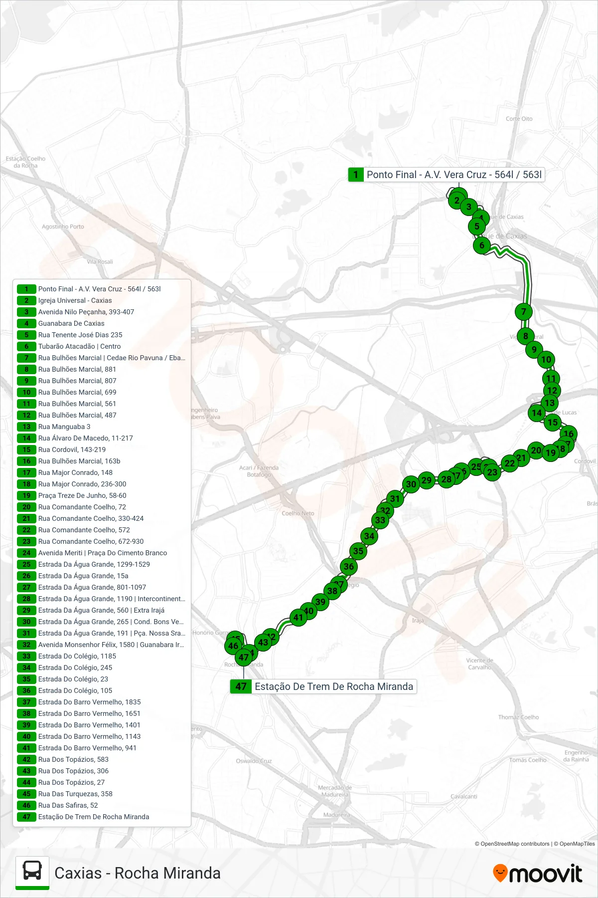 Rota e paradas da linha de ônibus 563 (Rocha Miranda) no mapa