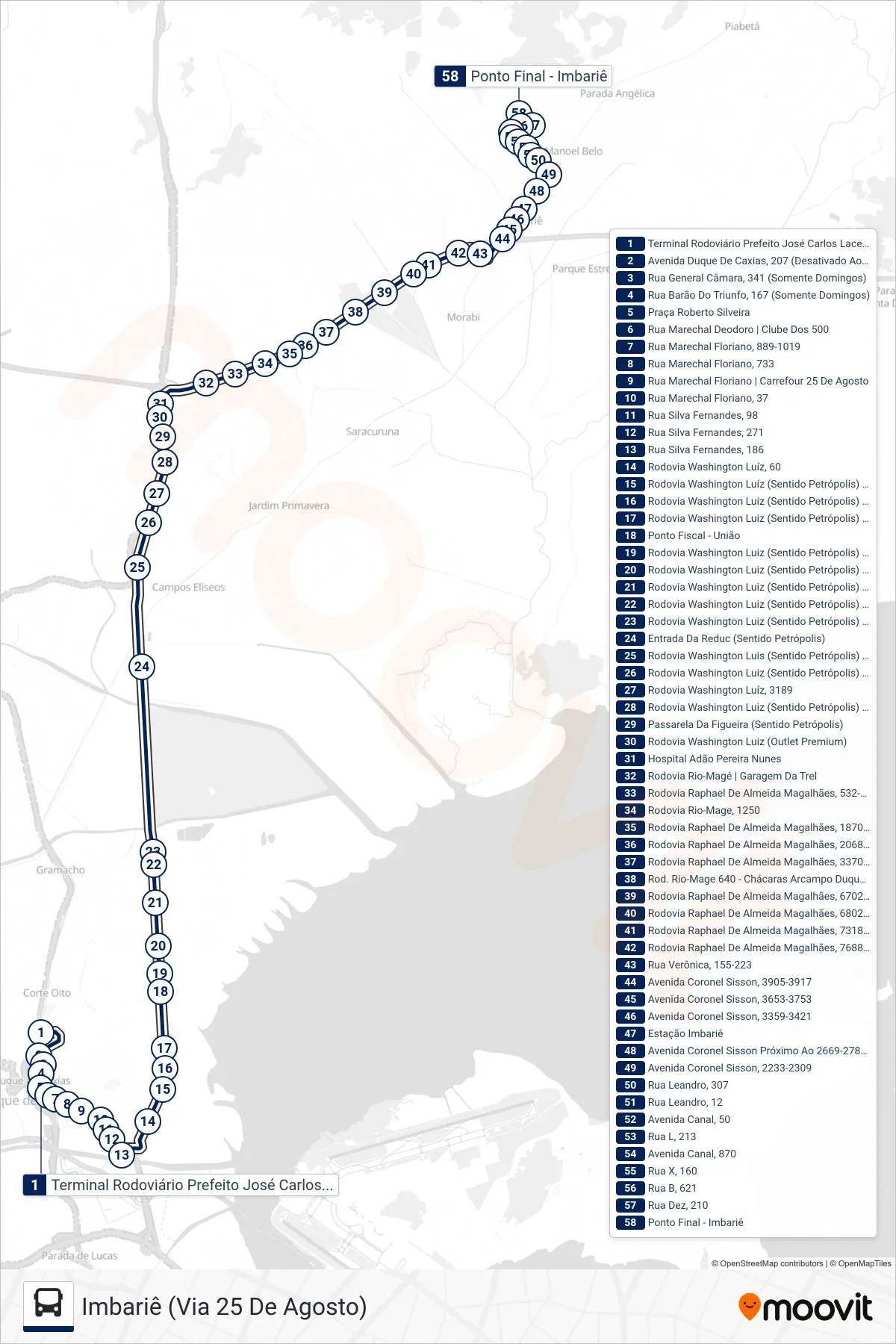 Rota e paradas da linha de ônibus 23M (Imbariê (Via 25 De Agosto)) no mapa