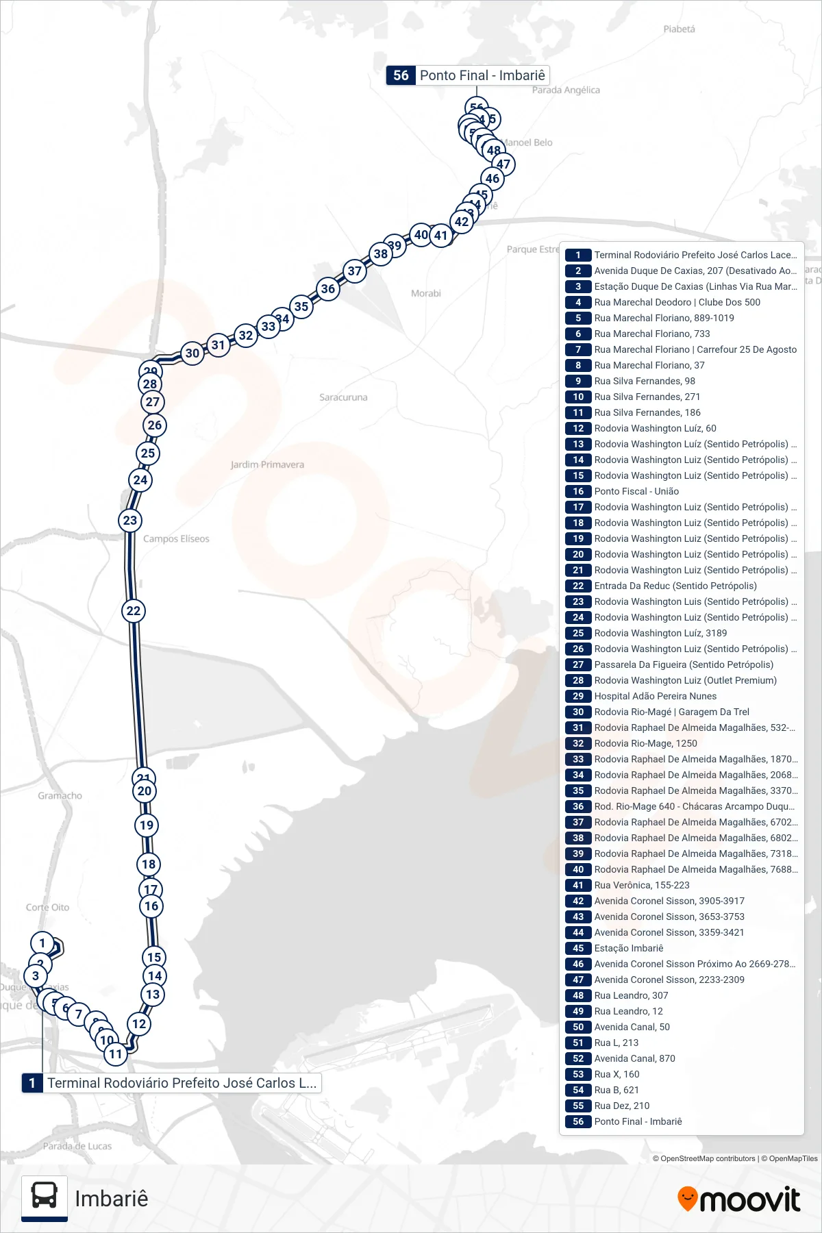 23M bus Line (Imbariê) route and stops on a map