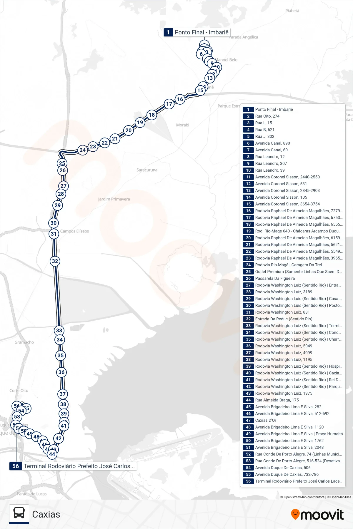 Rota e paradas da linha de ônibus 23M (Caxias) no mapa