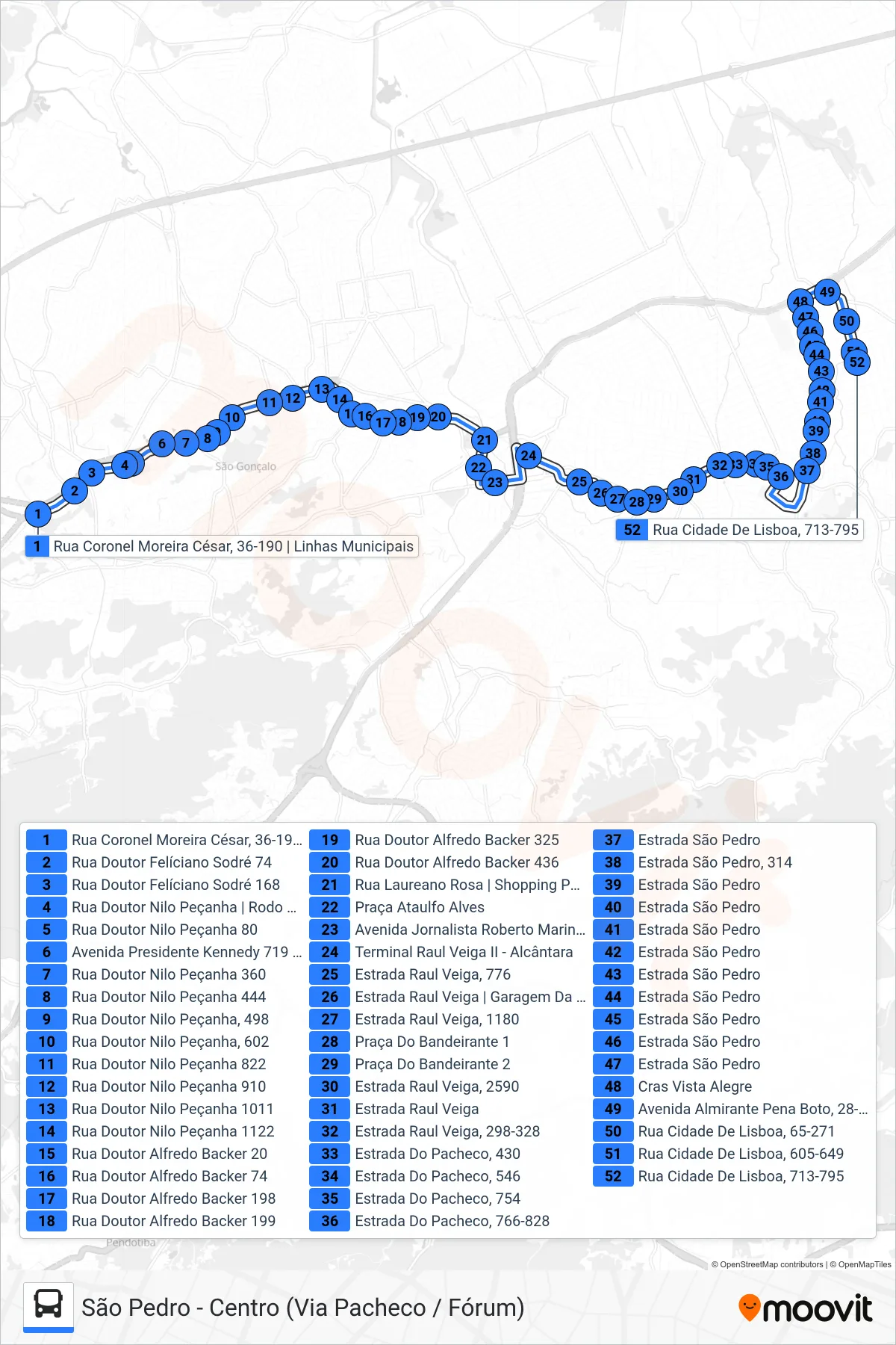 Rota e paradas da linha de ônibus 30A (São Pedro) no mapa