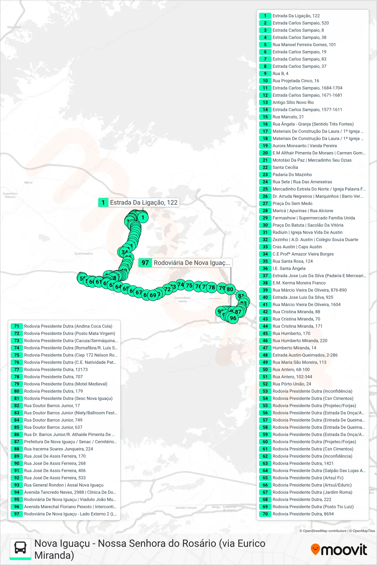 Rota e paradas da linha de ônibus 608I (Nova Iguaçu) no mapa