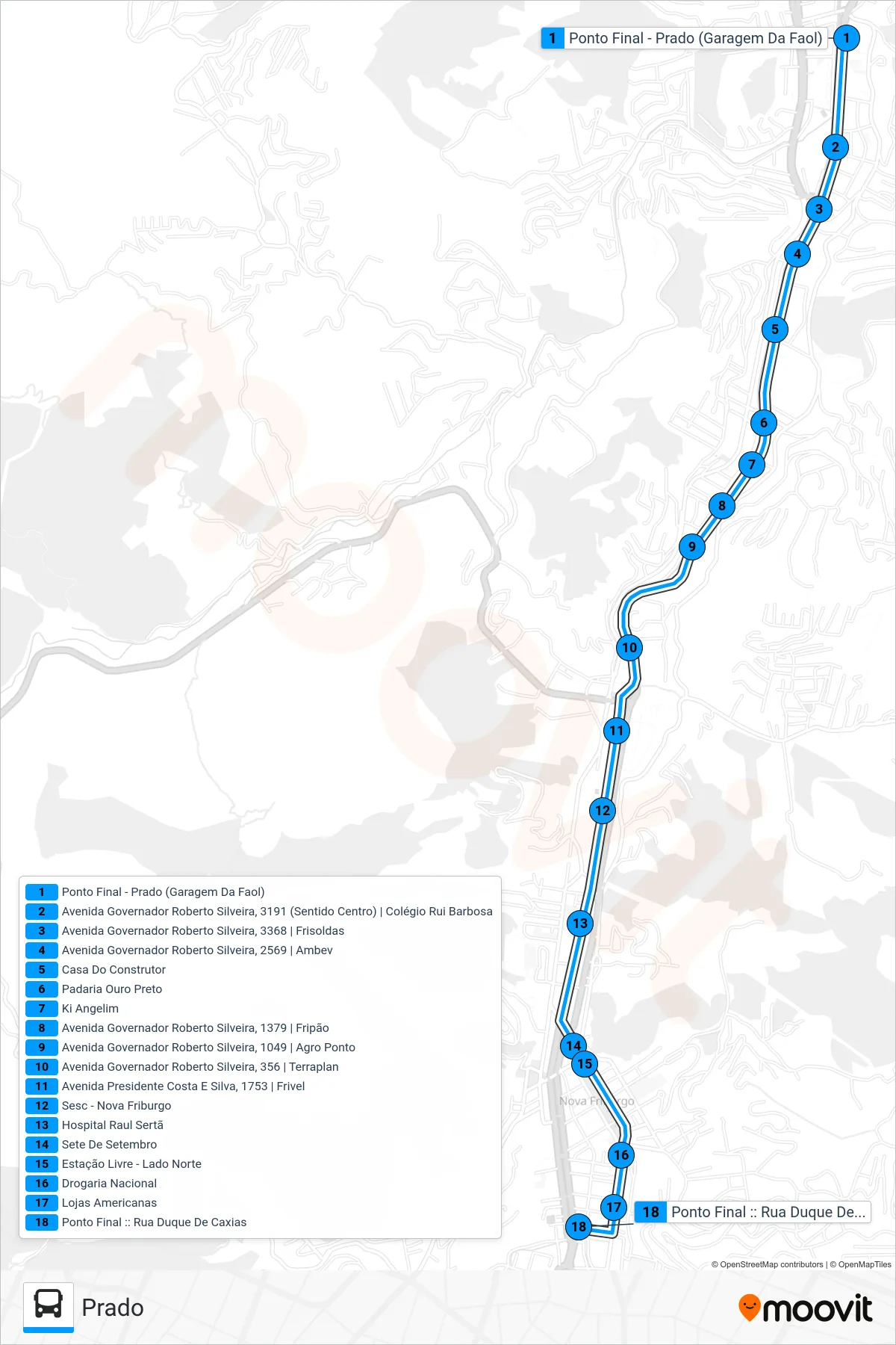 Rota e paradas da linha de ônibus 15 (Centro (R. Duque De Caxias)) no mapa