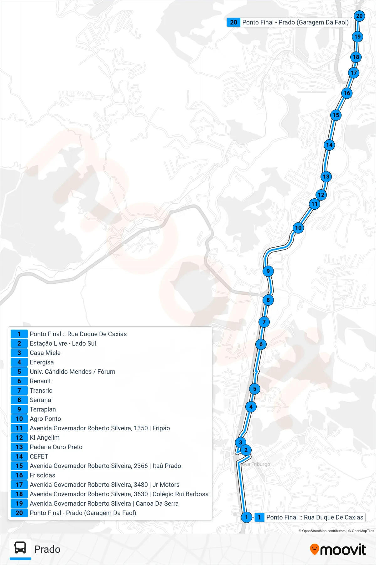 Rota e paradas da linha de ônibus 15 (Prado) no mapa