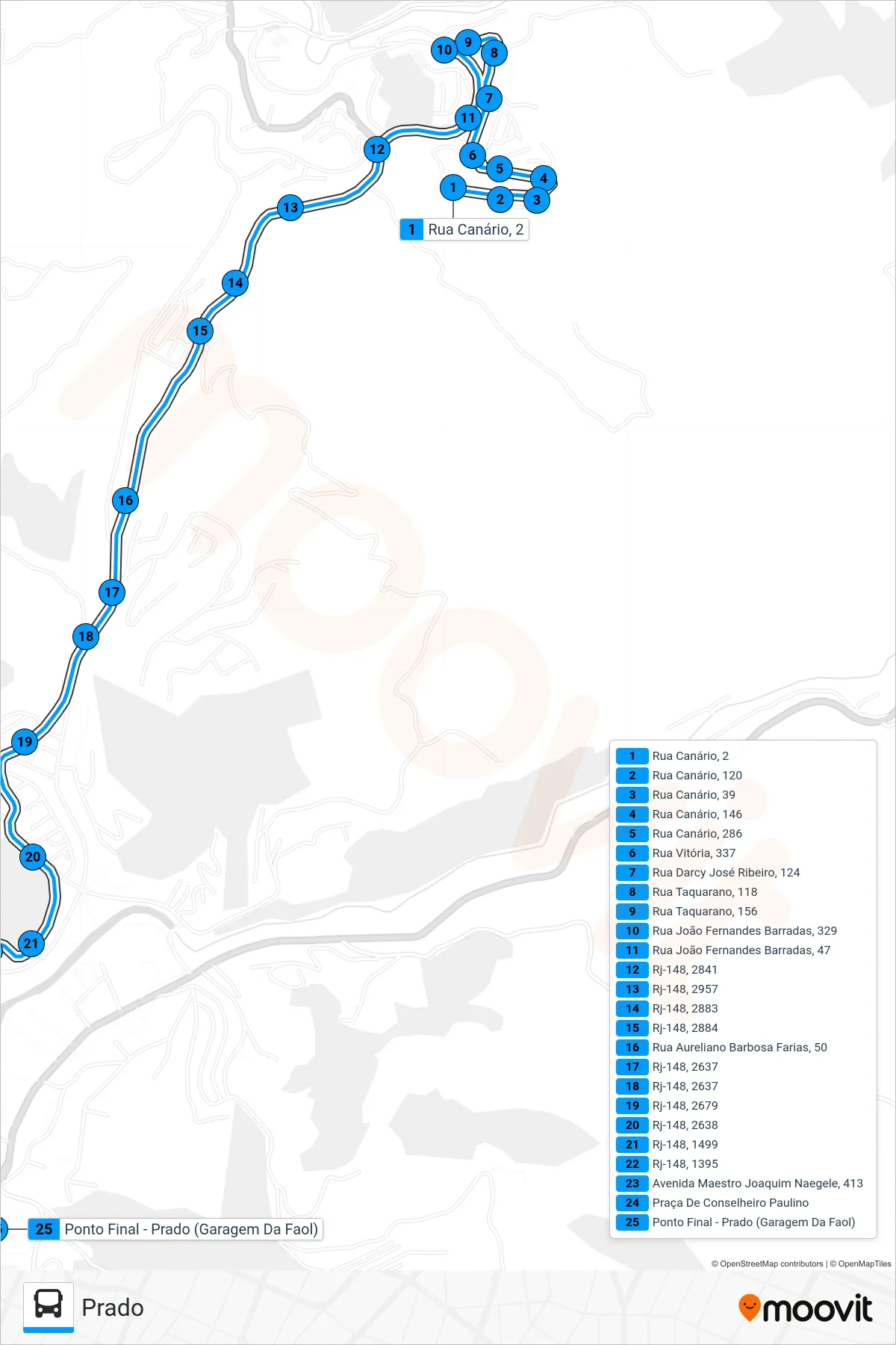 Rota e paradas da linha de ônibus 15 (Prado (Saída De Maringá)) no mapa