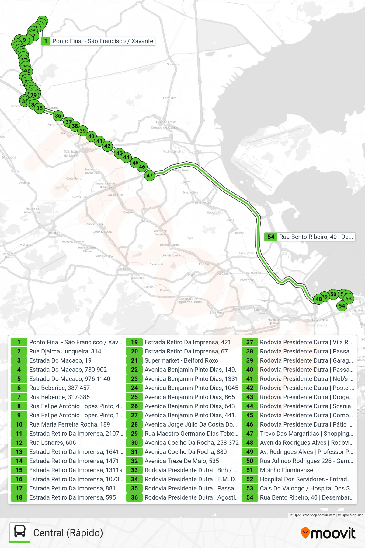 520B bus Line (Central (Rápido)) route and stops on a map