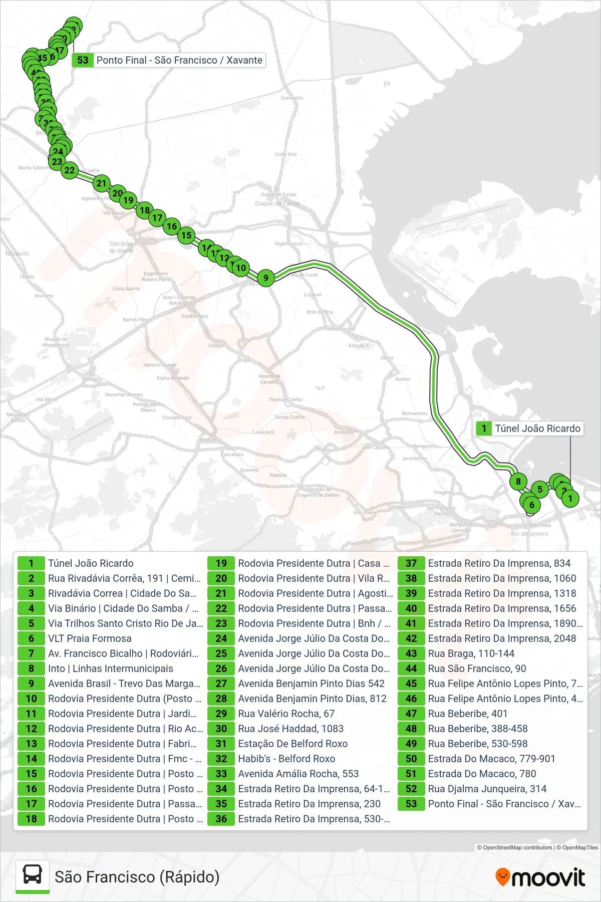Rota e paradas da linha de ônibus 520B (São Francisco (Rápido)) no mapa