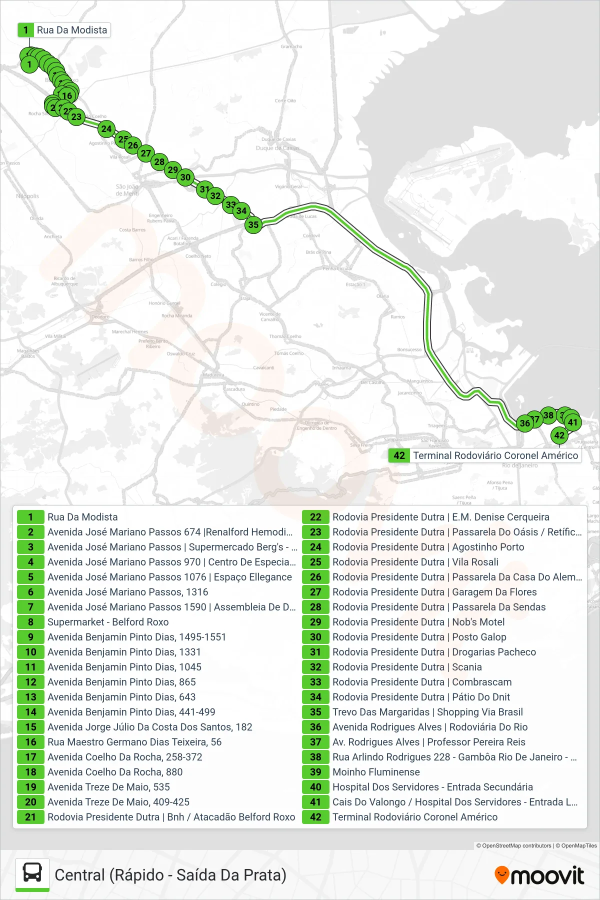Rota e paradas da linha de ônibus 520B (Central (Rápido - Saída Da Prata)) no mapa