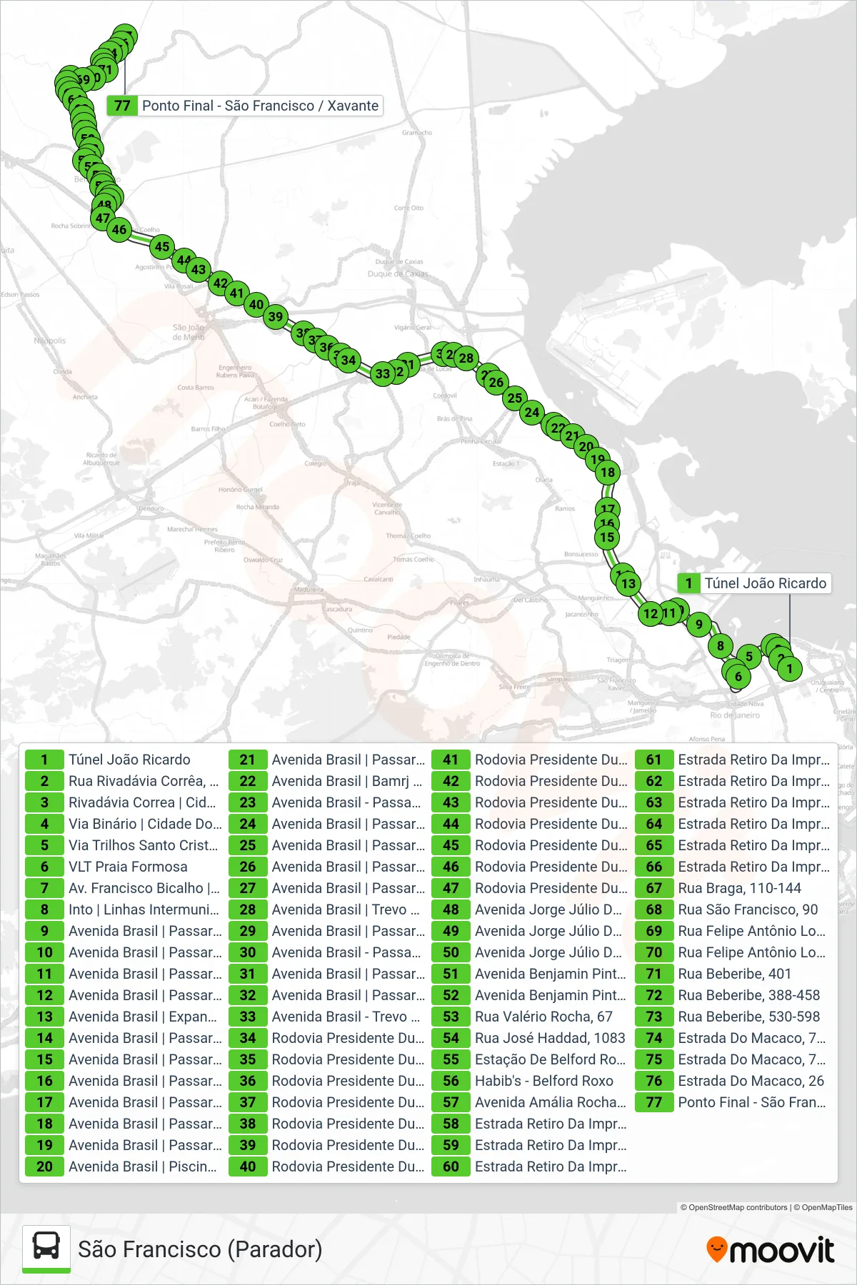 Rota e paradas da linha de ônibus 520B (São Francisco (Parador)) no mapa