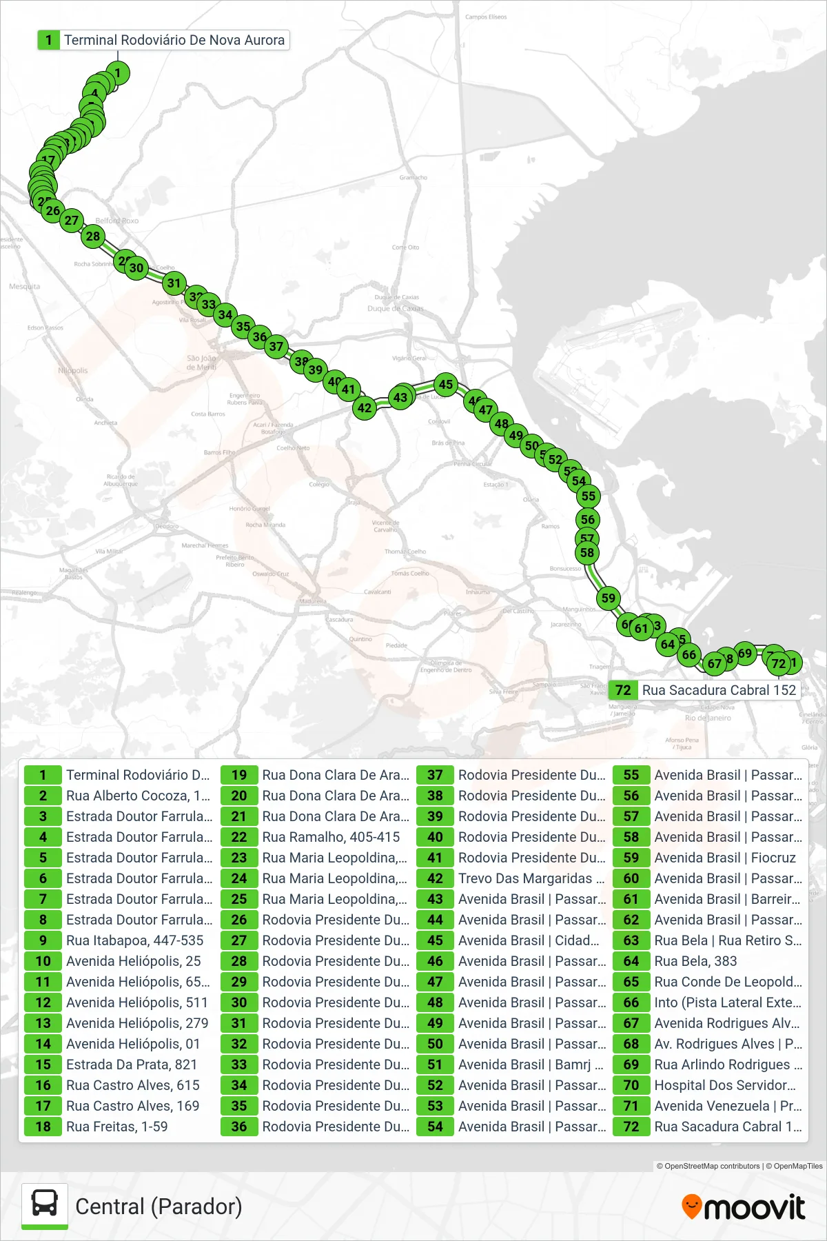 Rota e paradas da linha de ônibus 524B (Central (Parador)) no mapa