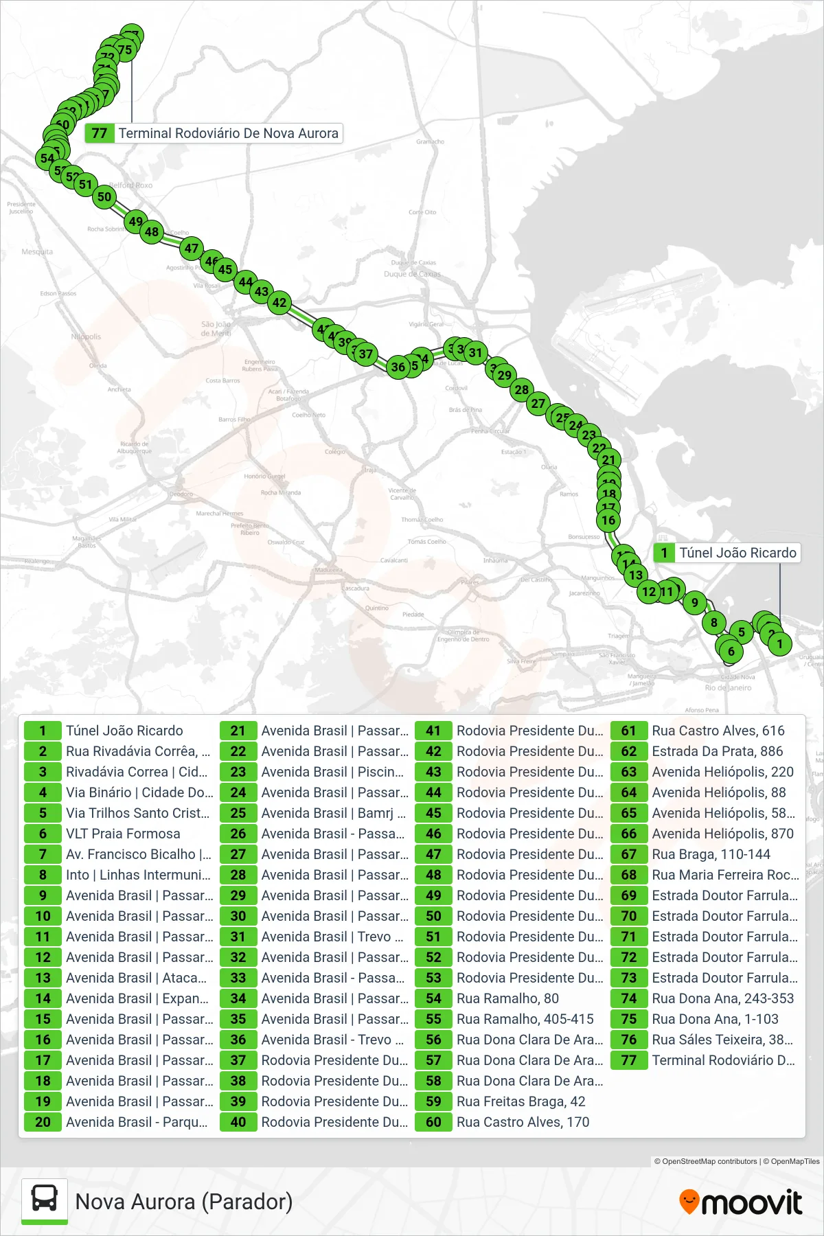 Rota e paradas da linha de ônibus  524B  (Nova Aurora (Parador)) no mapa