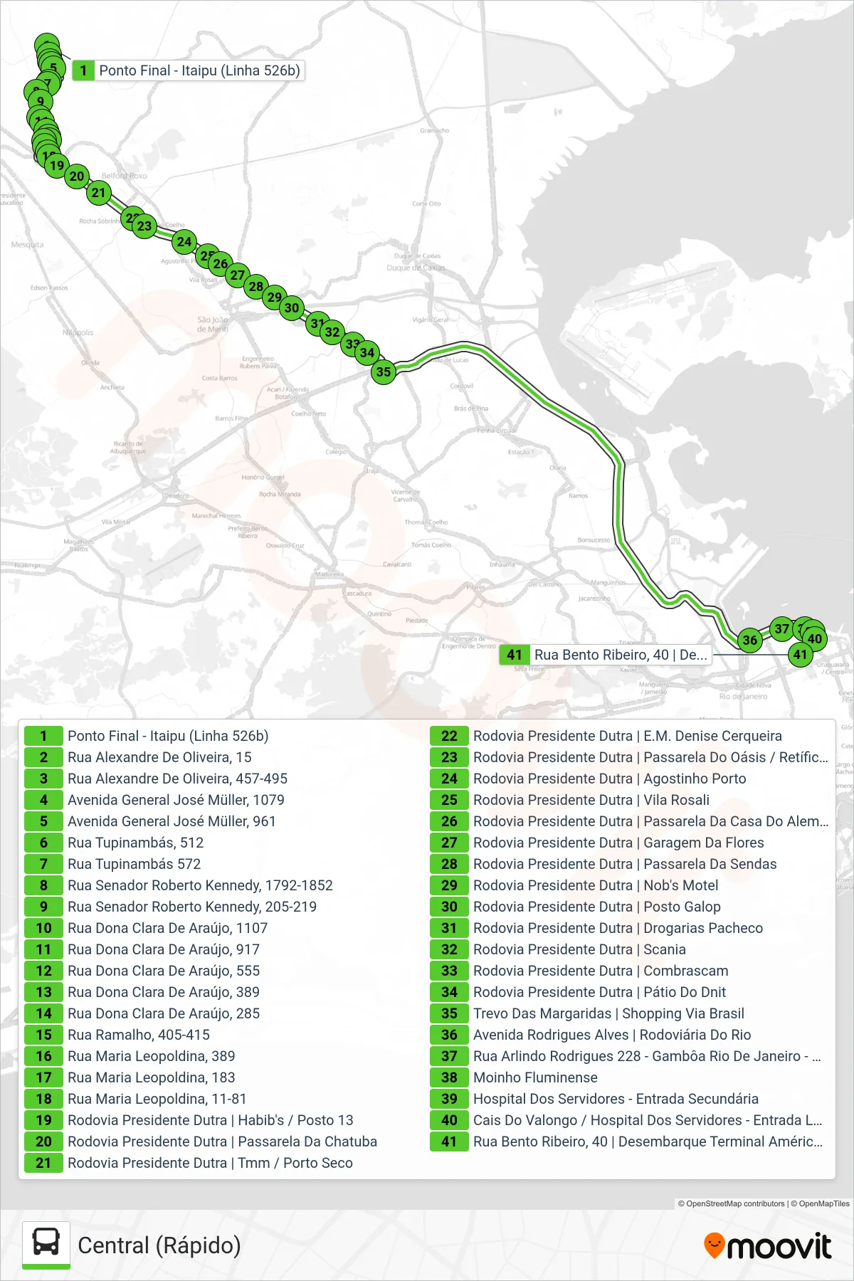 Rota e paradas da linha de ônibus 526B (Central (Rápido)) no mapa
