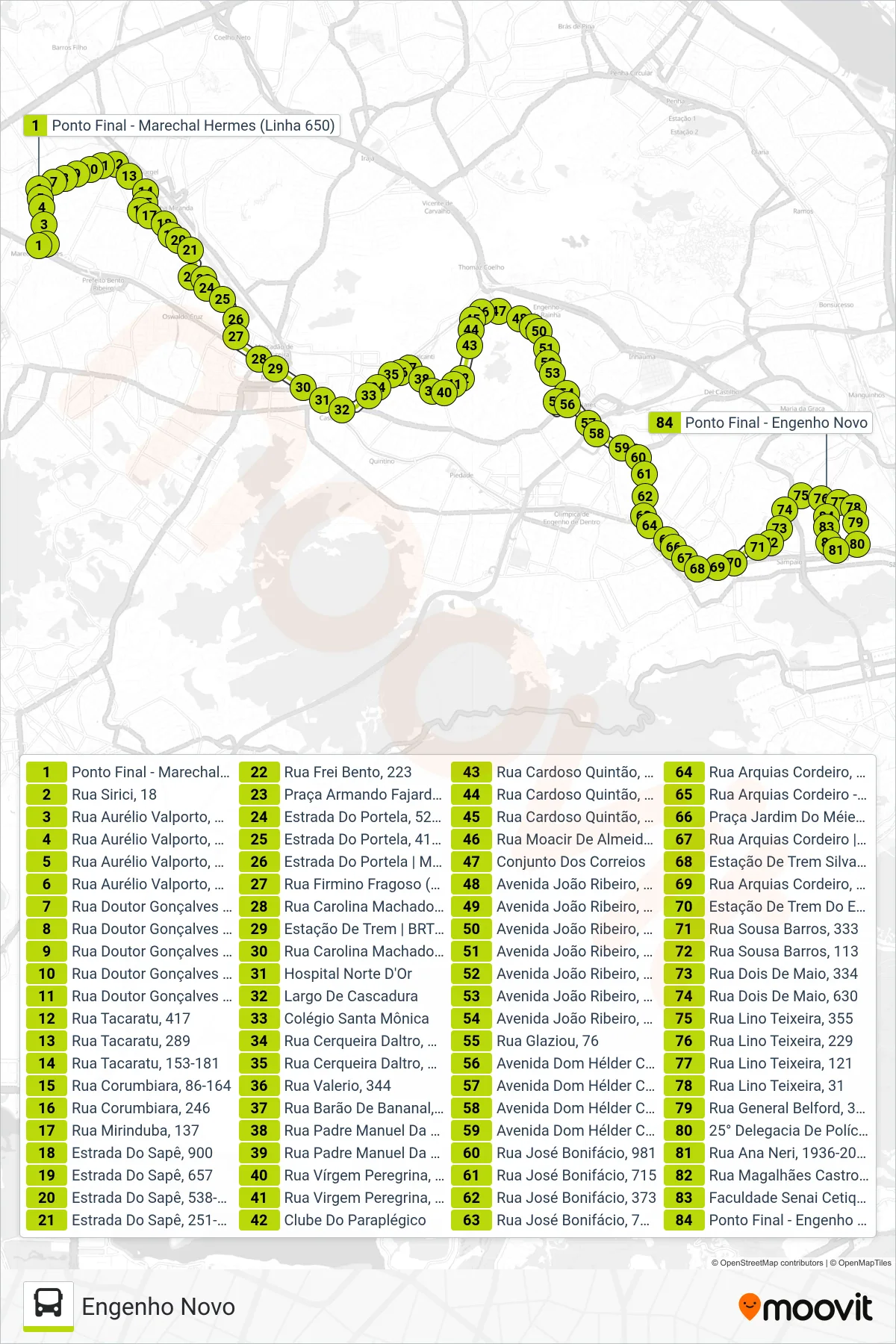 Rota e paradas da linha de ônibus 650 (Engenho Novo) no mapa