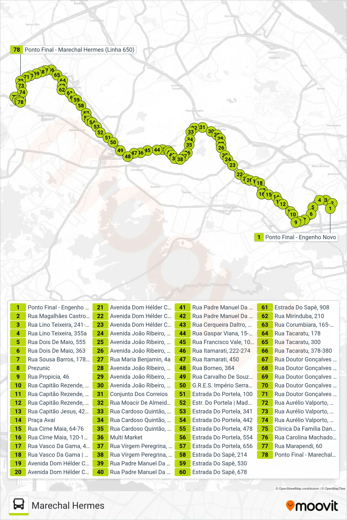 650 bus Line (Marechal Hermes) route and stops on a map