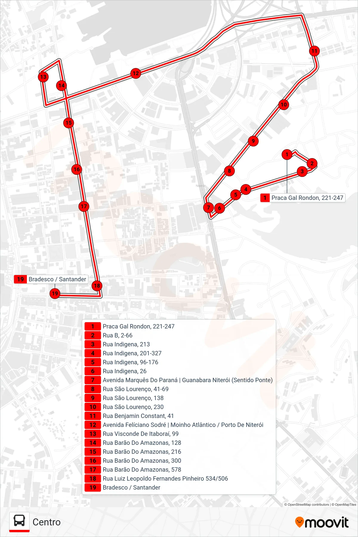 Rota e paradas da linha de ônibus 66C (Centro) no mapa