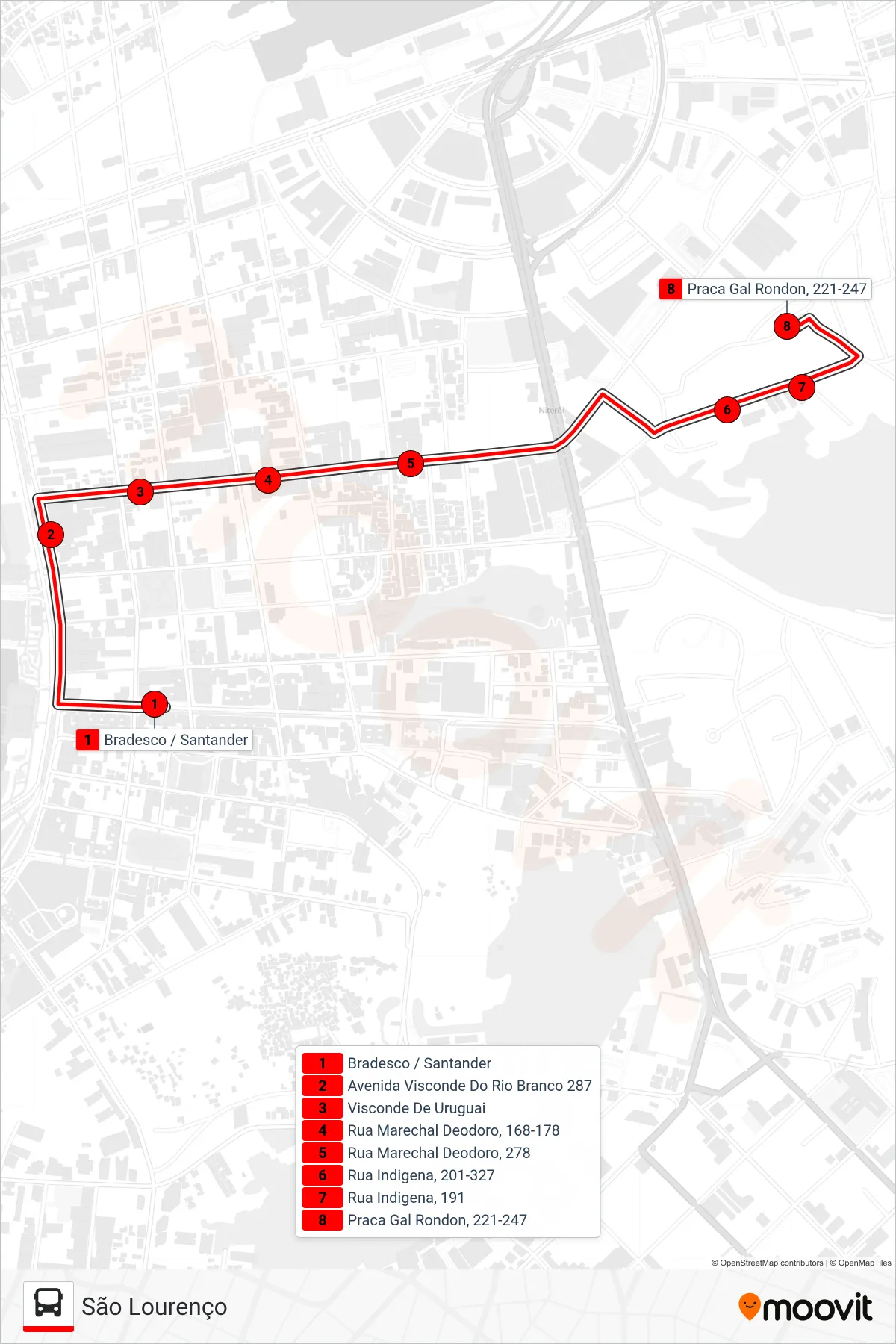 Rota e paradas da linha de ônibus 66C (São Lourenço) no mapa