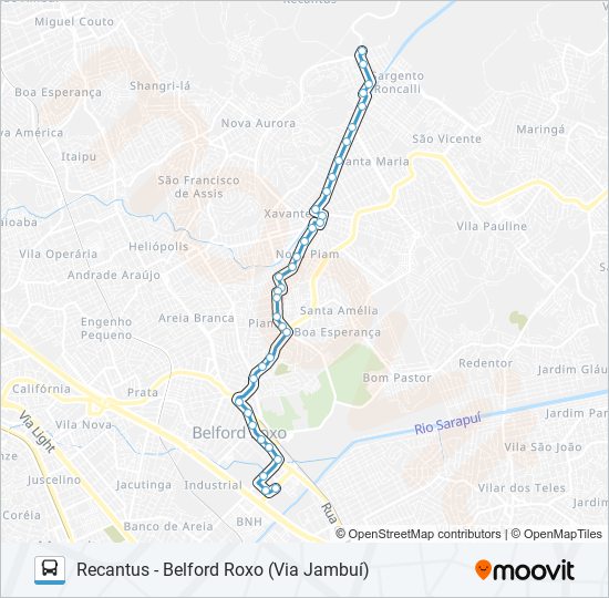 Mapa da linha RECANTUS - BELFORD ROXO (VIA JAMBUÍ) de ônibus