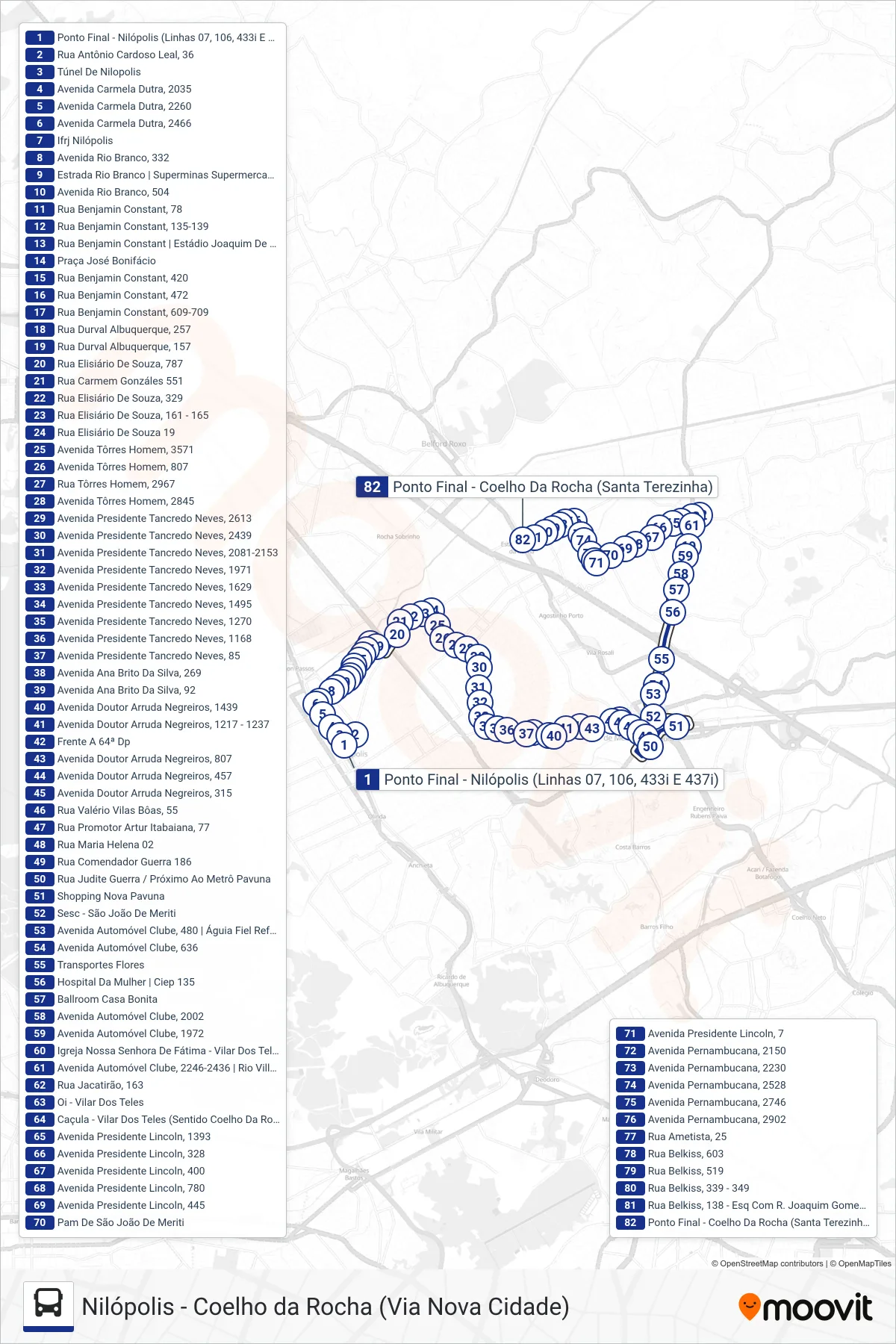 Rota e paradas da linha de ônibus  437I  (Coelho Da Rocha) no mapa