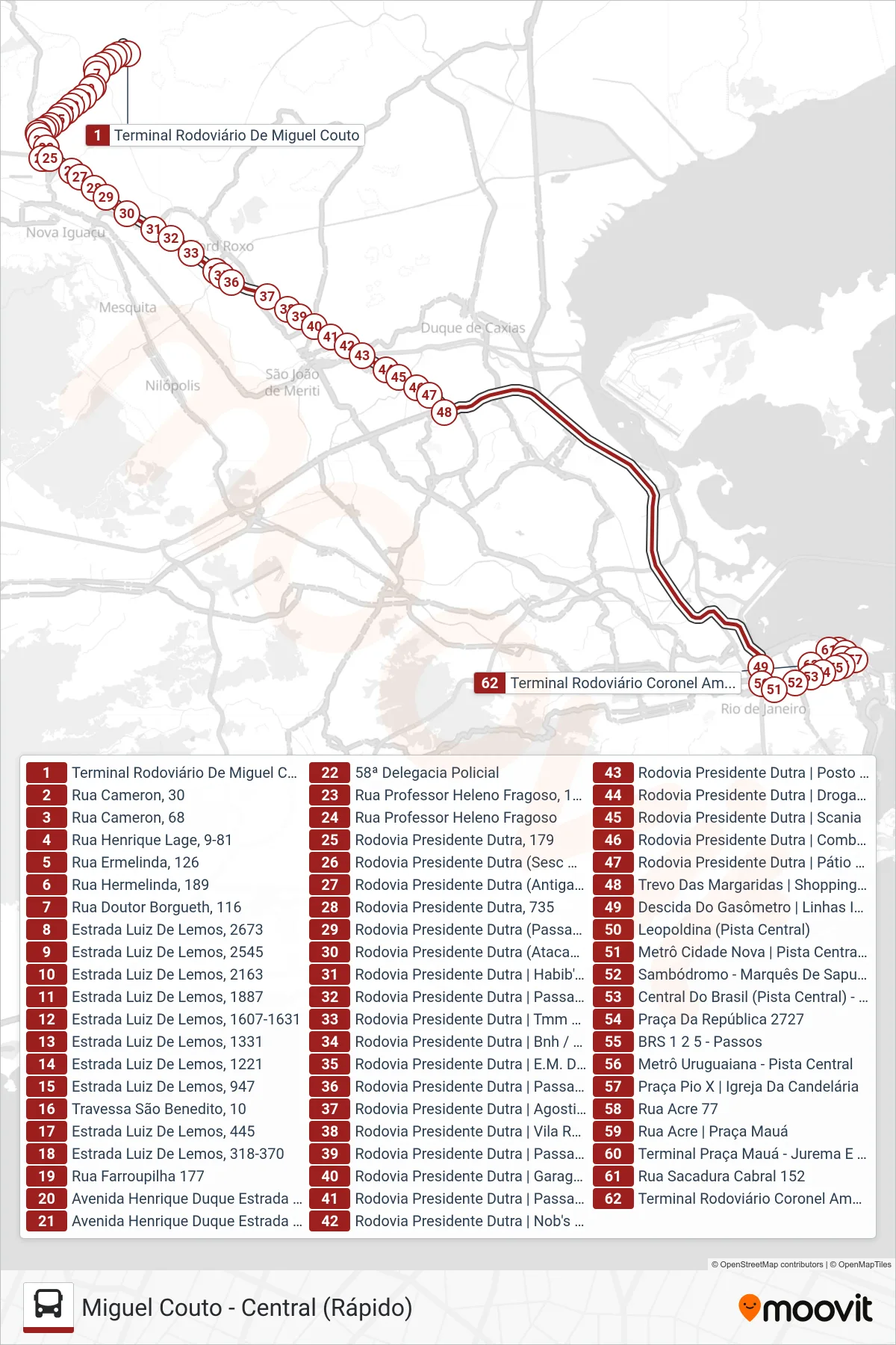Rota e paradas da linha de ônibus 2490B (EXECUTIVO) (Central (Via Candelária)) no mapa
