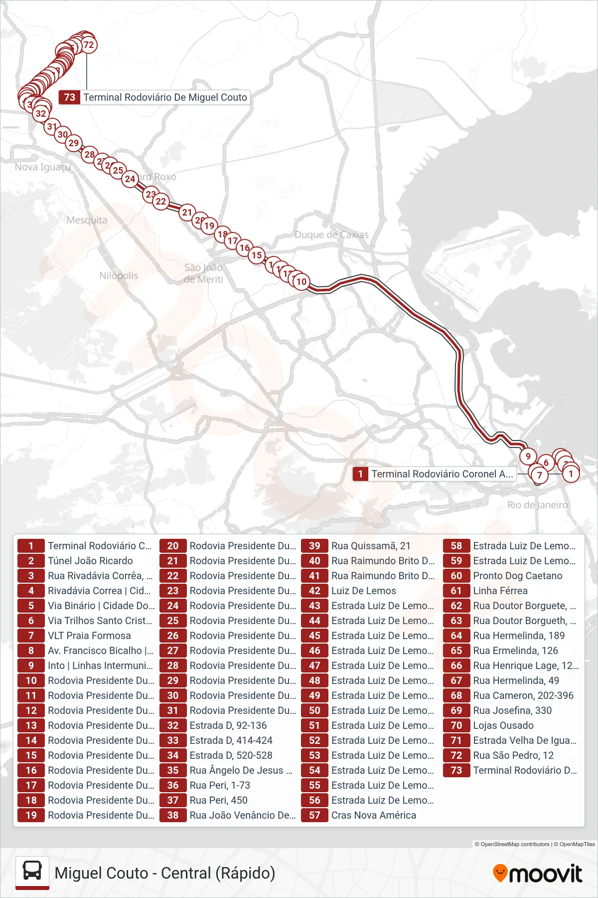 Rota e paradas da linha de ônibus 2490B (EXECUTIVO) (Miguel Couto) no mapa