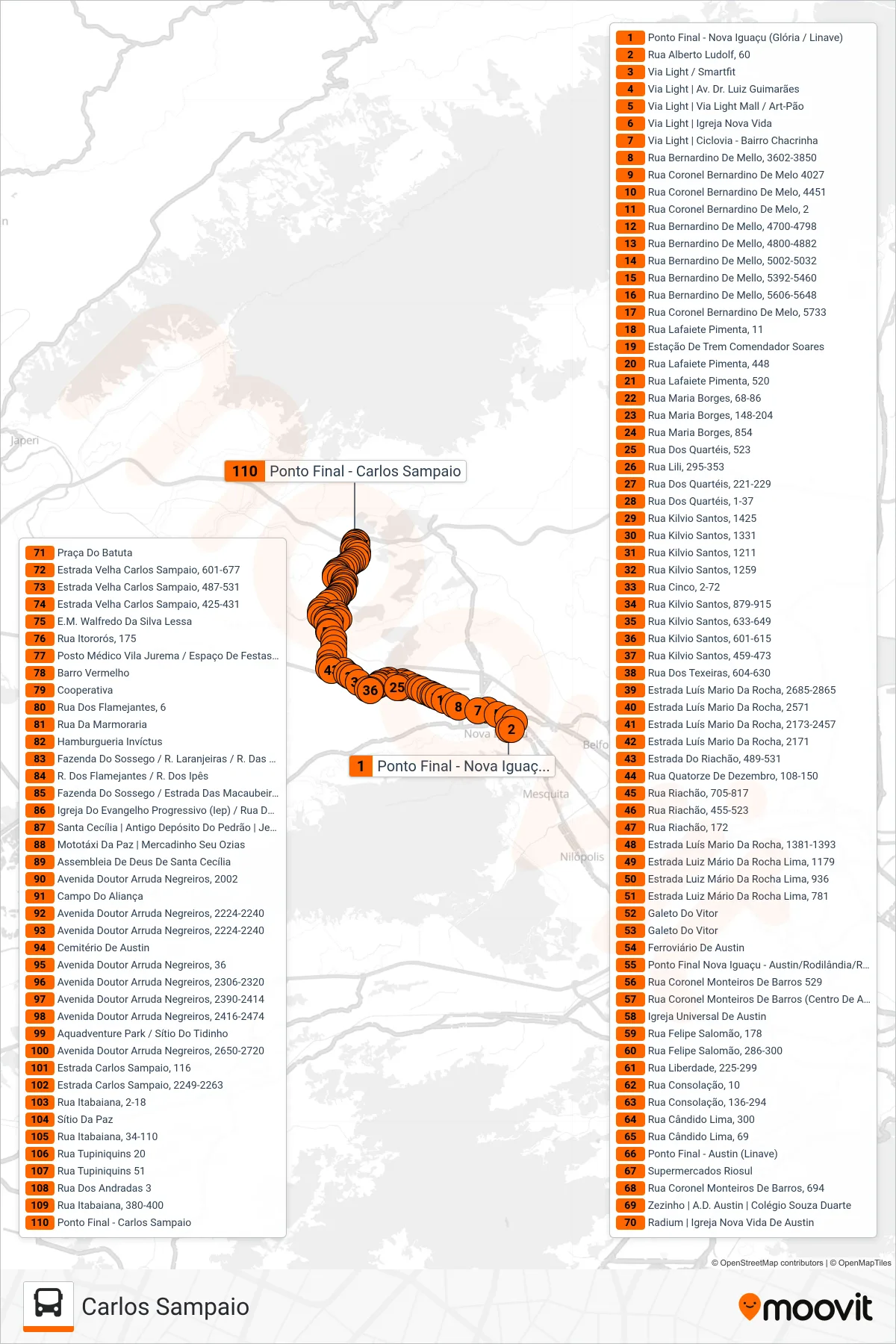 Rota e paradas da linha de ônibus 007 (Carlos Sampaio) no mapa
