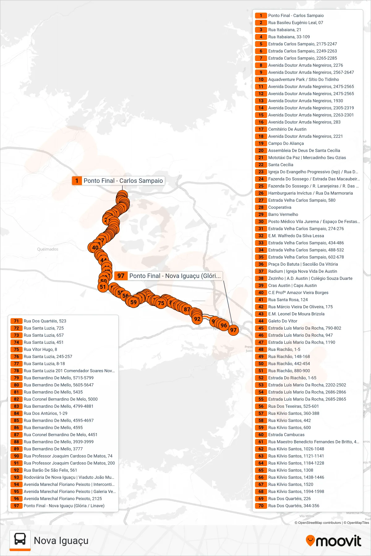 Rota e paradas da linha de ônibus 007 (Nova Iguaçu) no mapa