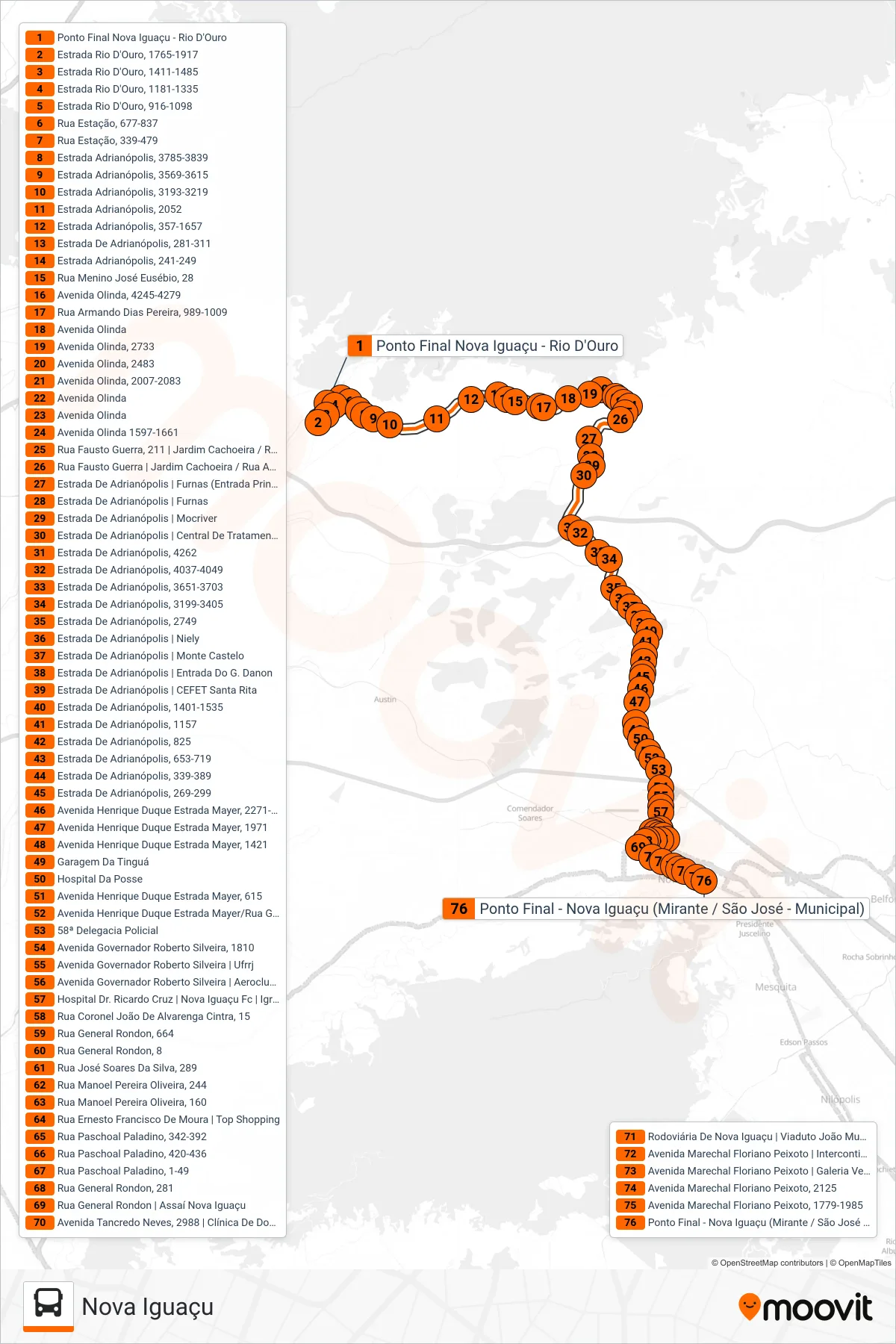 Rota e paradas da linha de ônibus  132  (Nova Iguaçu) no mapa