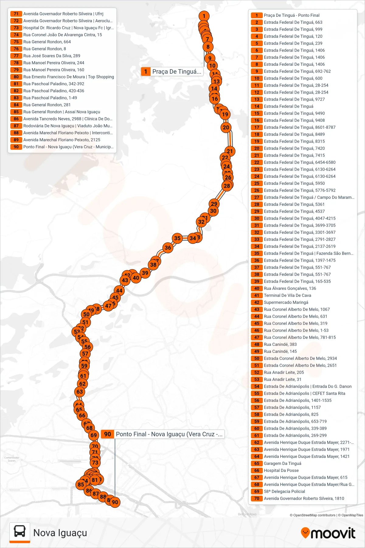 Rota e paradas da linha de ônibus 901 (Nova Iguaçu) no mapa