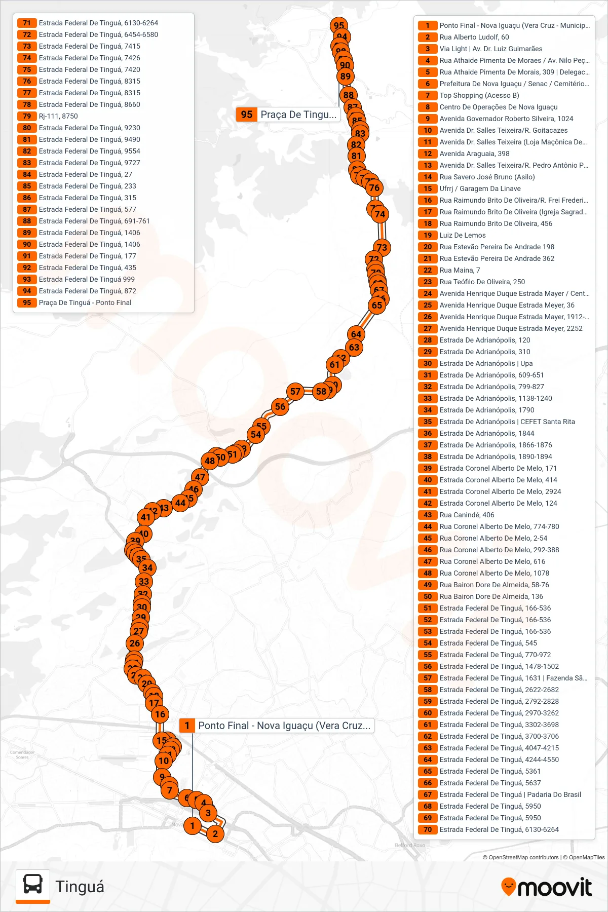 Rota e paradas da linha de ônibus 901 (Tinguá) no mapa
