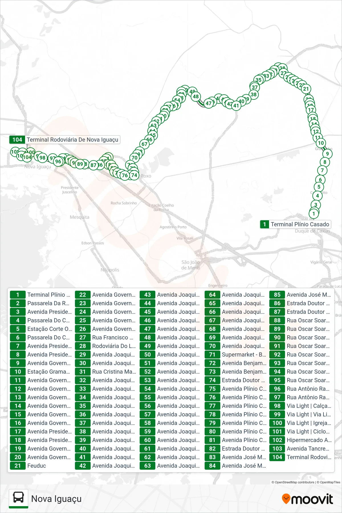 Rota e paradas da linha de ônibus 115I (Nova Iguaçu) no mapa