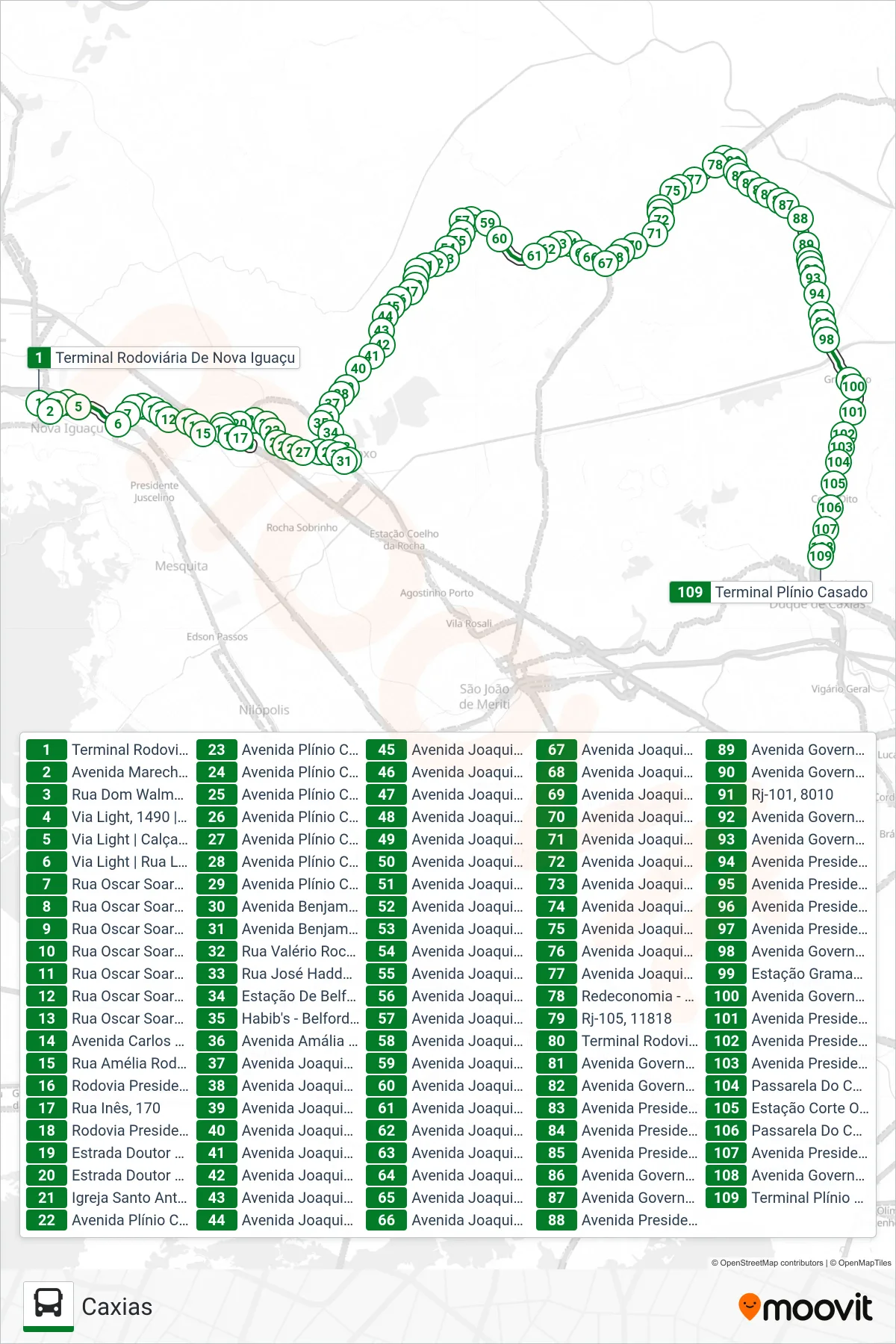 Rota e paradas da linha de ônibus 115I (Caxias) no mapa