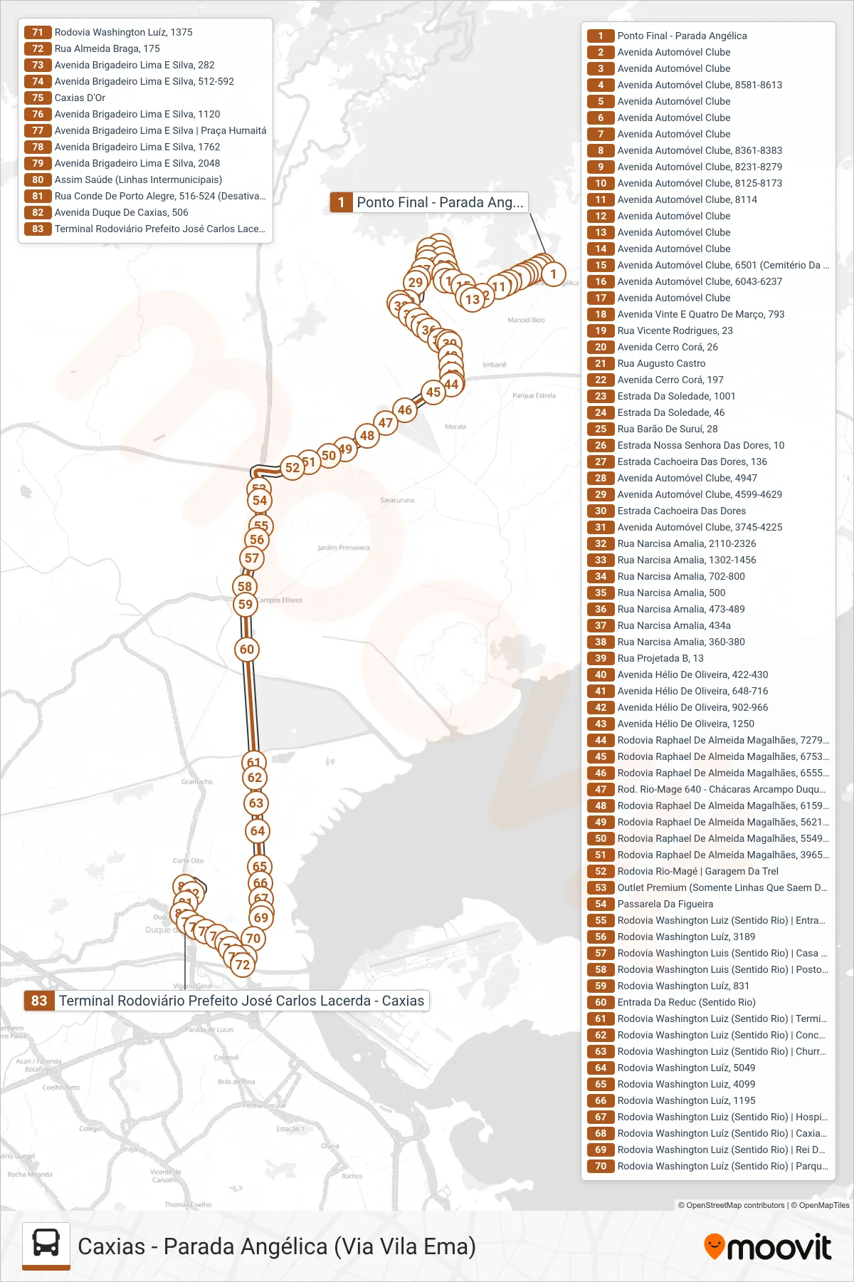 Rota e paradas da linha de ônibus 018 (Caxias) no mapa