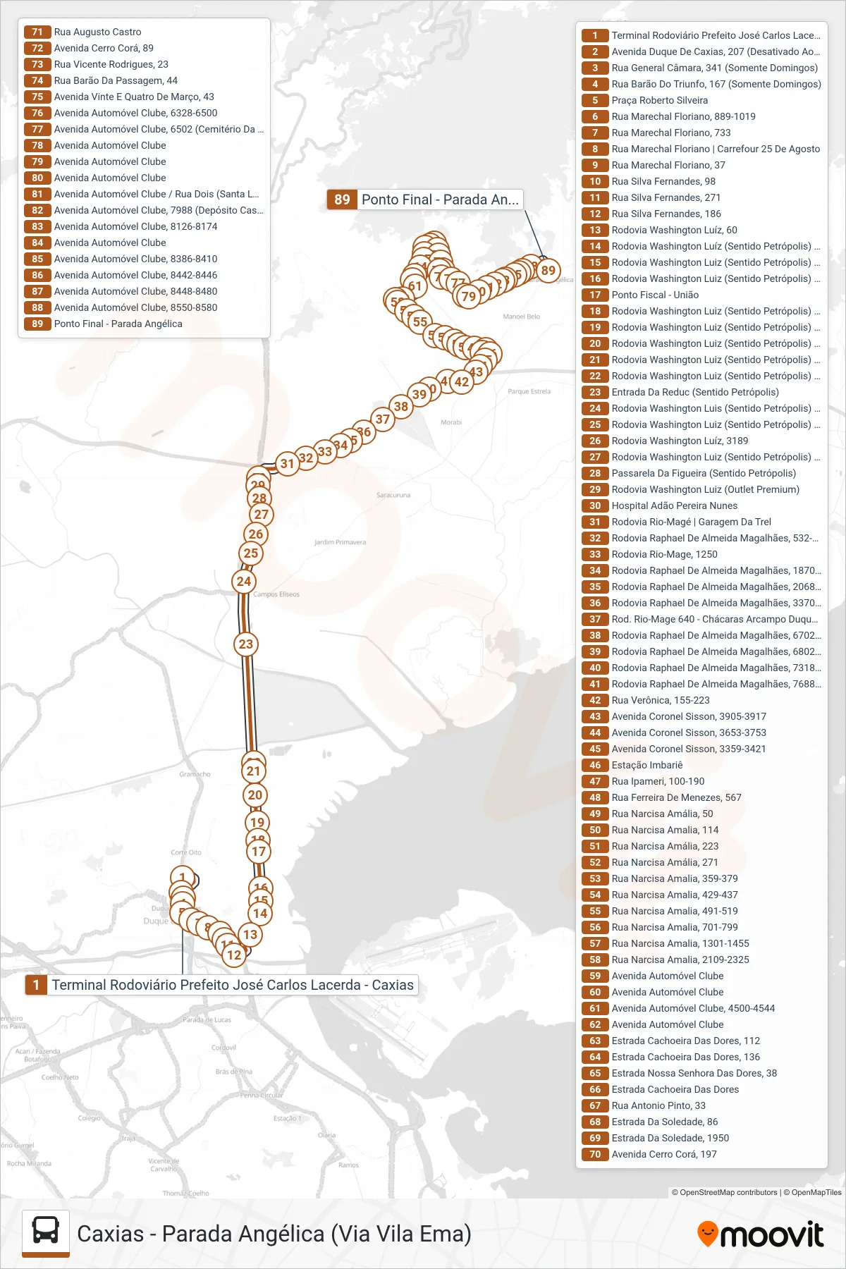 Rota e paradas da linha de ônibus 018 (Parada Angélica (Via 25 De Agosto)) no mapa