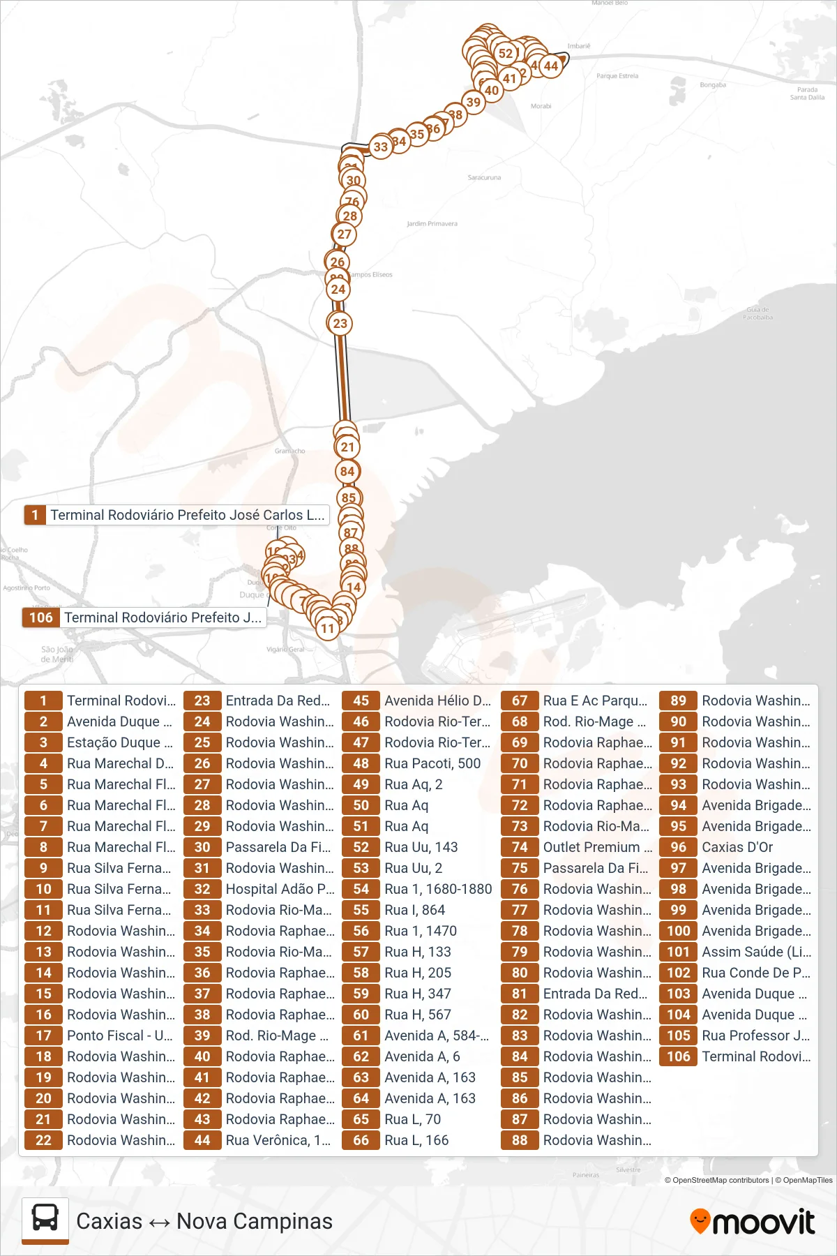 Rota e paradas da linha de ônibus 023 (Caxias ↔ Nova Campinas) no mapa