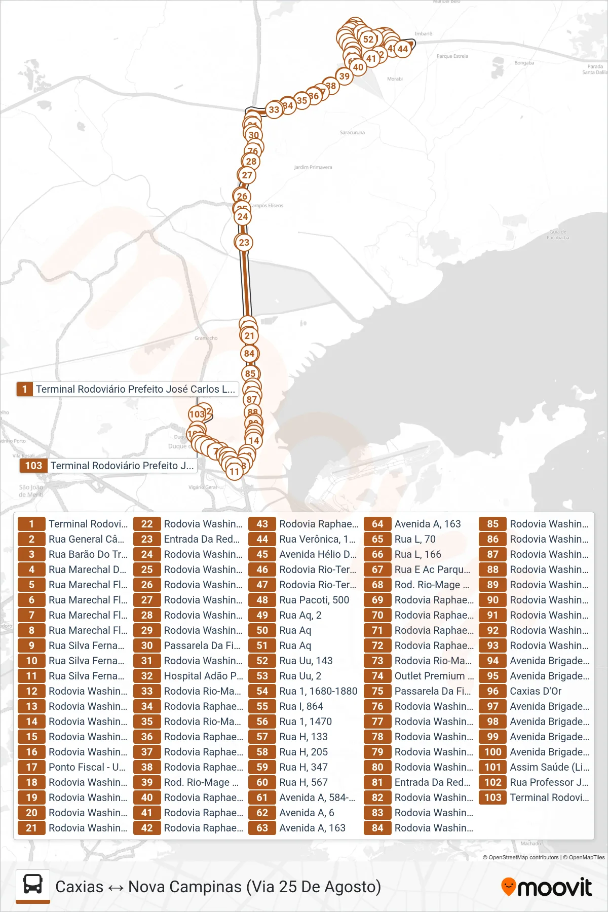 023 bus Line (Caxias ↔ Nova Campinas (Via 25 De Agosto)) route and stops on a map