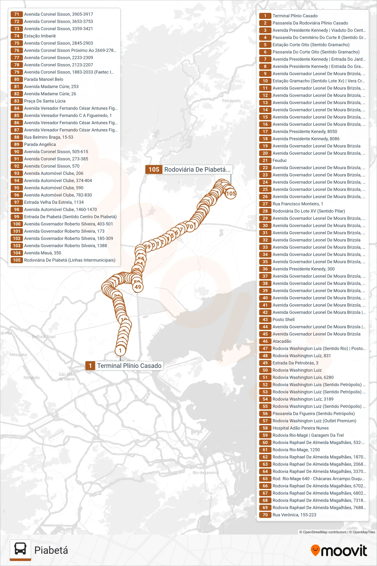 Rota e paradas da linha de ônibus 405I (Piabetá) no mapa