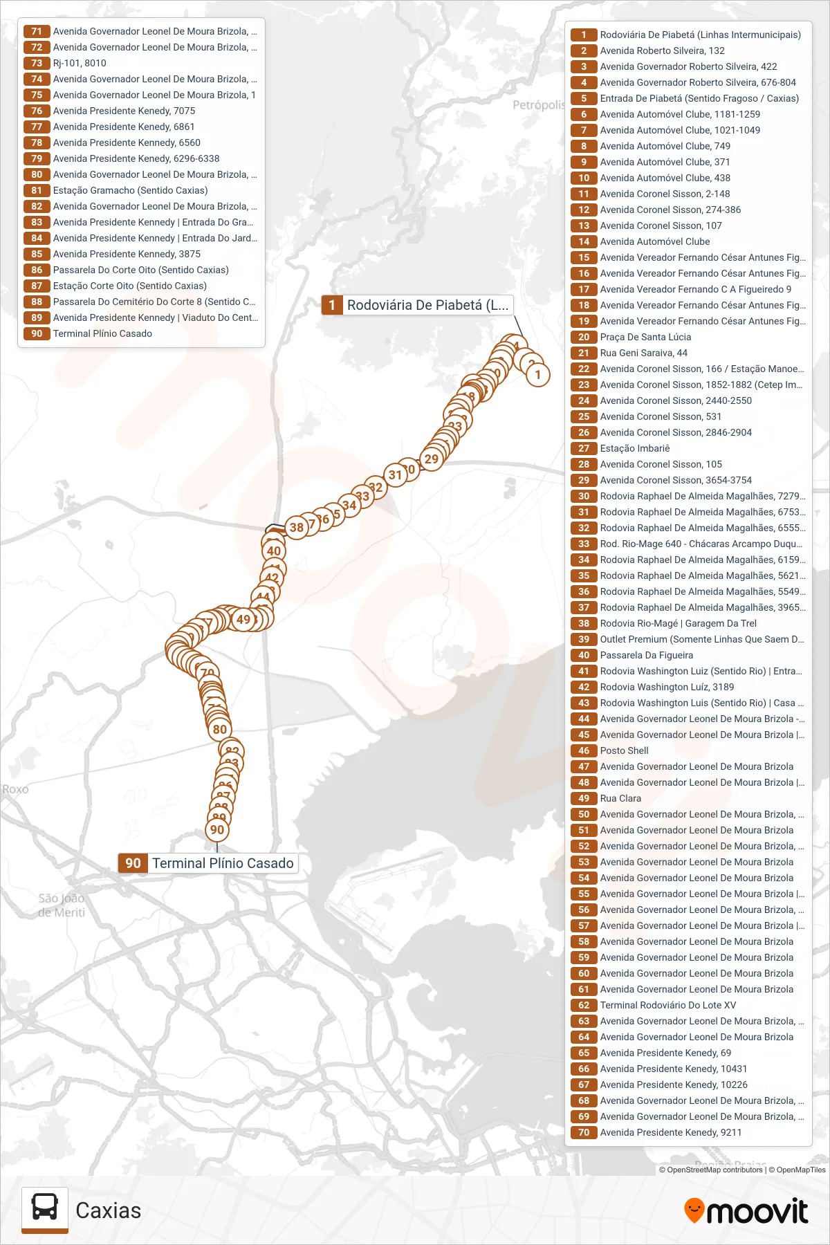 Rota e paradas da linha de ônibus 405I (Caxias) no mapa
