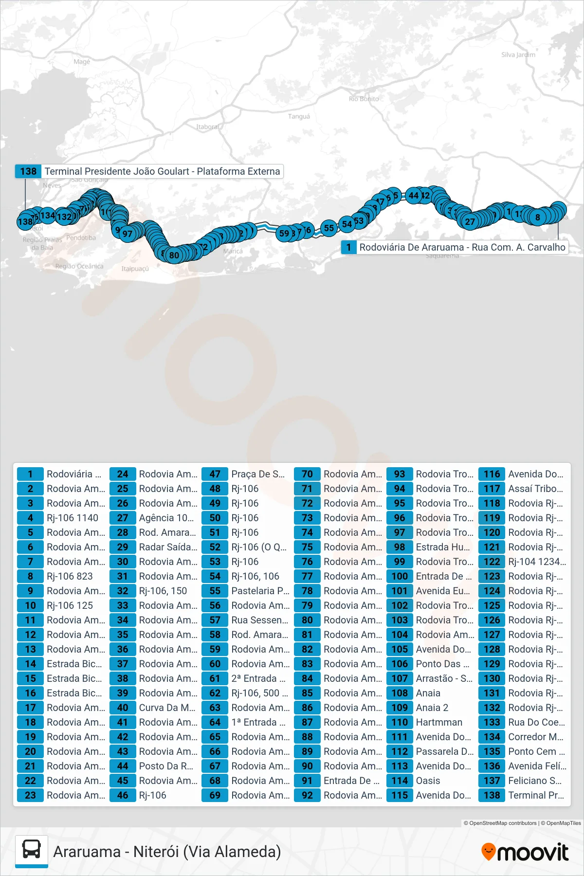 Rota e paradas da linha de ônibus MB26 (Niterói) no mapa