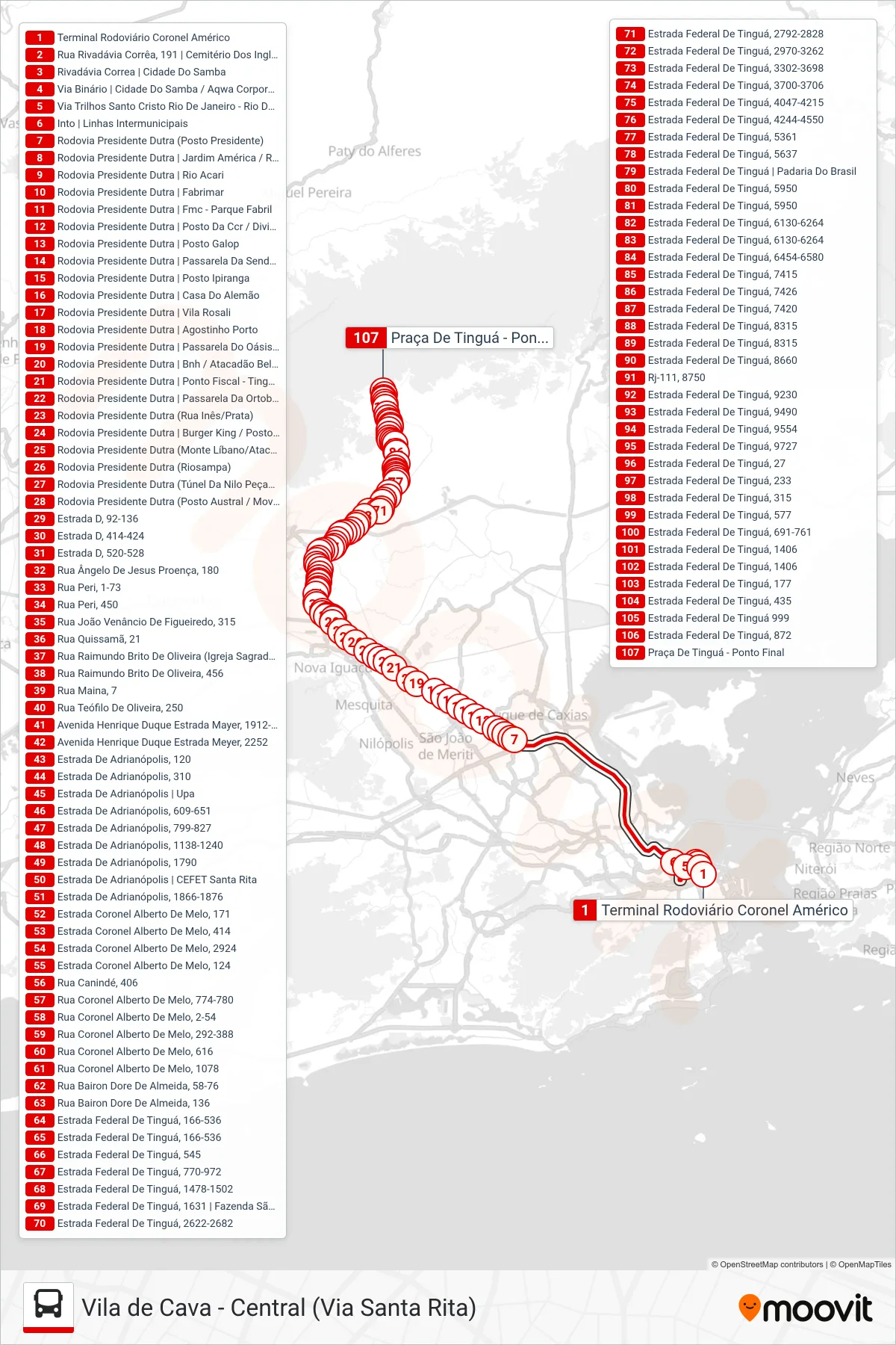 Rota e paradas da linha de ônibus 492B (Tinguá (Rápido)) no mapa