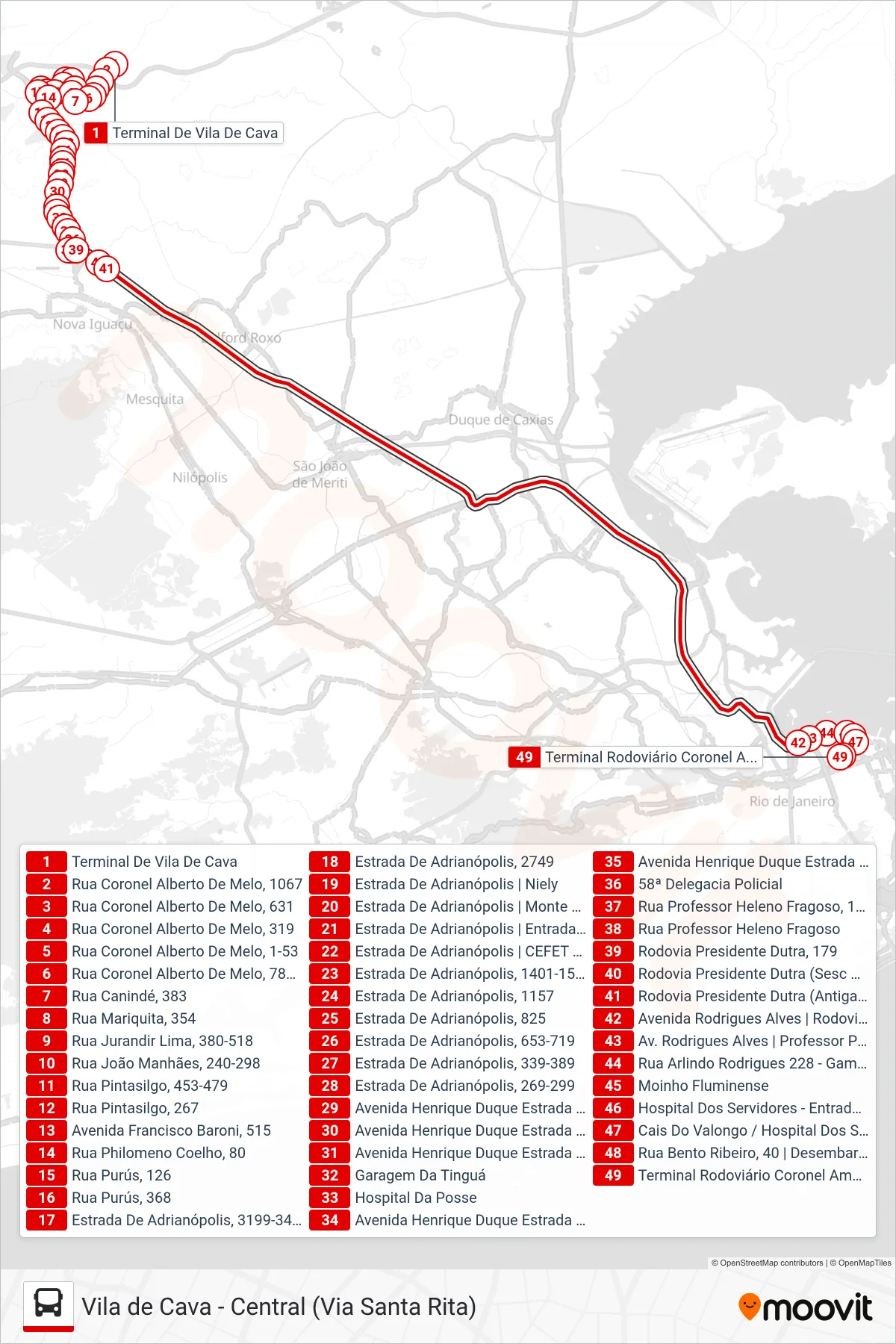 Rota e paradas da linha de ônibus 492B (Central (Expresso)) no mapa