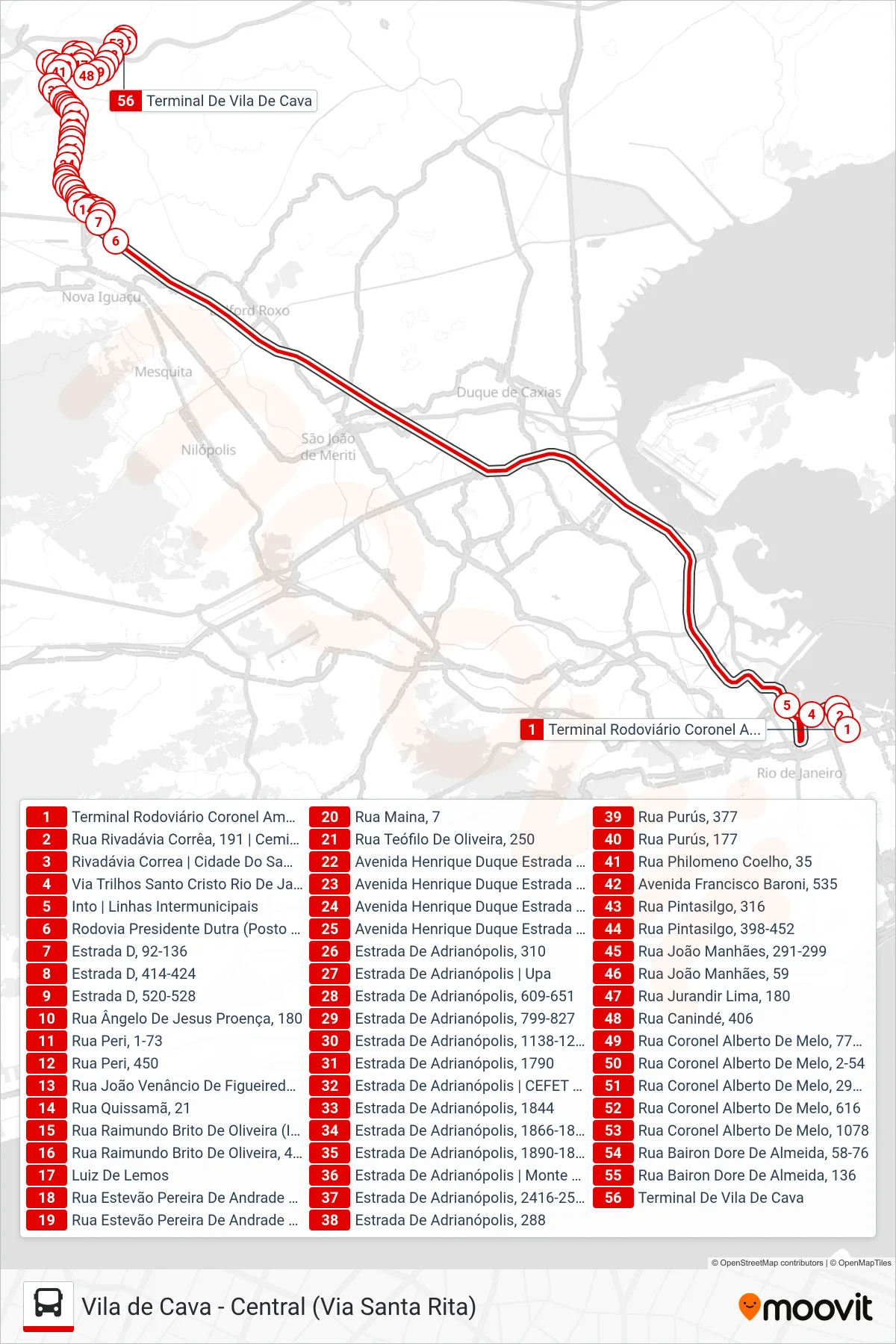 Rota e paradas da linha de ônibus  492B  (Vila De Cava (Expresso)) no mapa