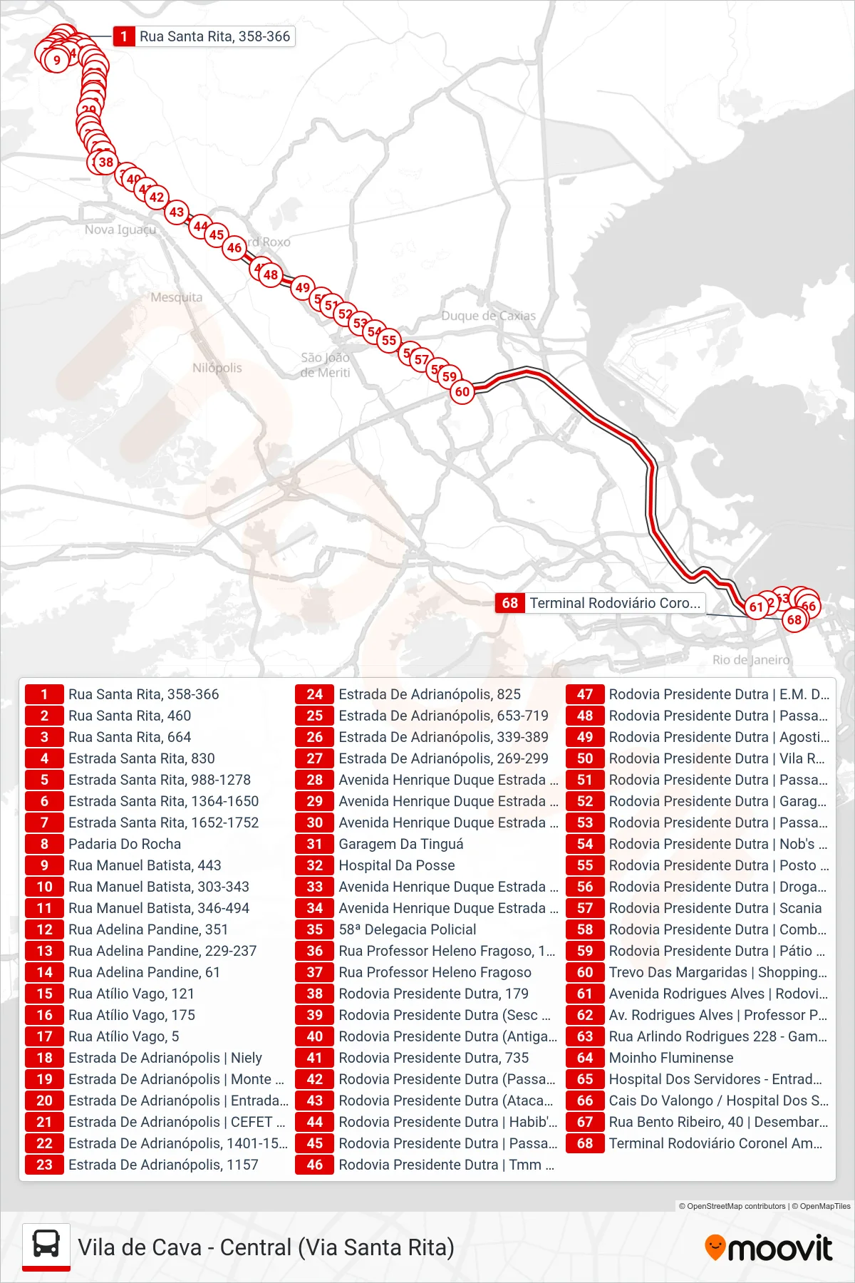 Rota e paradas da linha de ônibus 492B (Central (Rápido - Saída De Corumbá)) no mapa